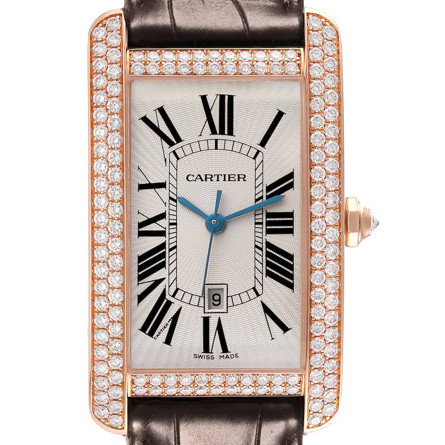 The Cartier Tank Americaine watch is shown from the front, highlighting its dial, Roman numerals, and diamond-set bezel.