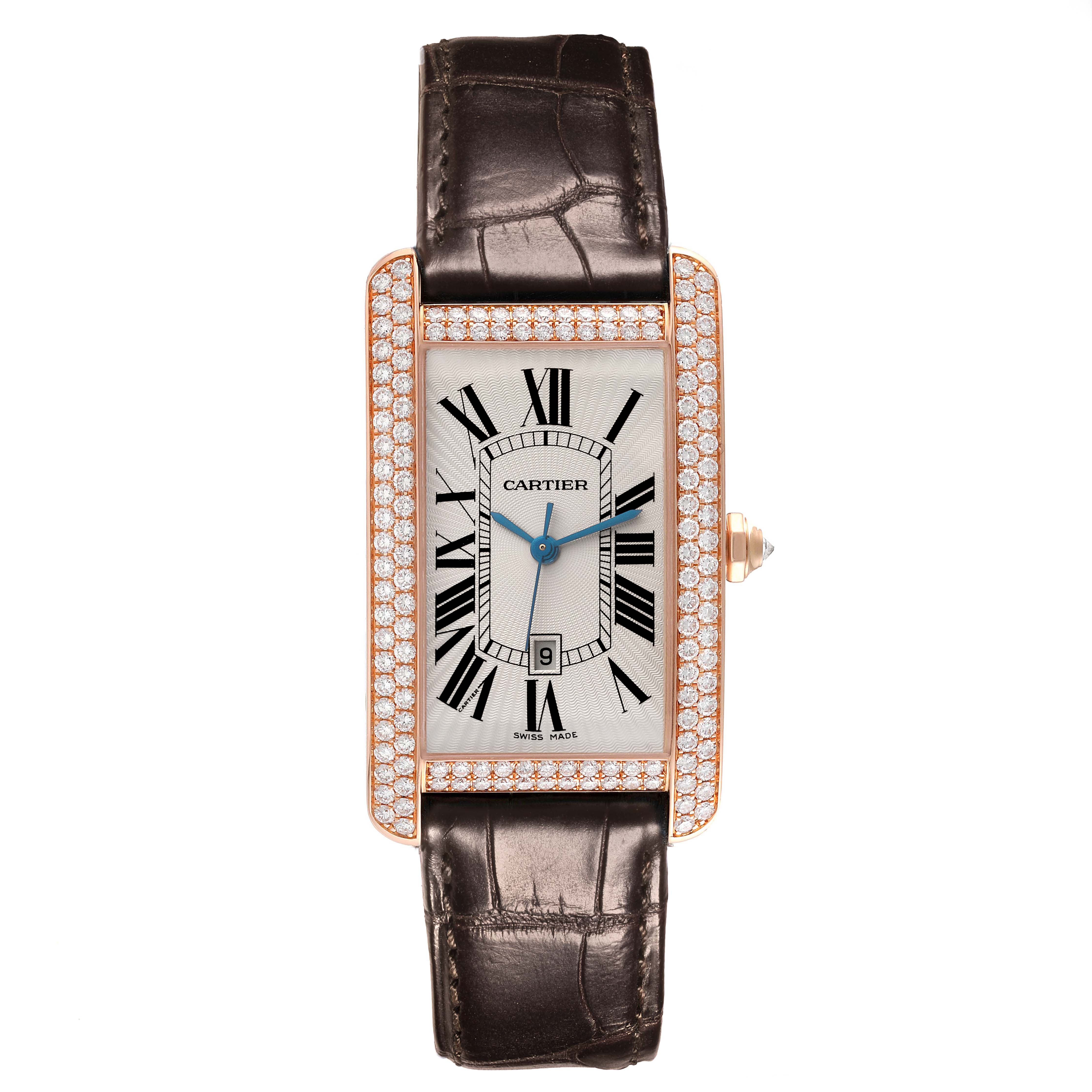 The Cartier Tank Americaine WB704851 Men's Rose Gold Silver Dial WB704851 Men's Rose Gold Silver Dial watch is shown straight-on, displaying the face, bezel, and strap.