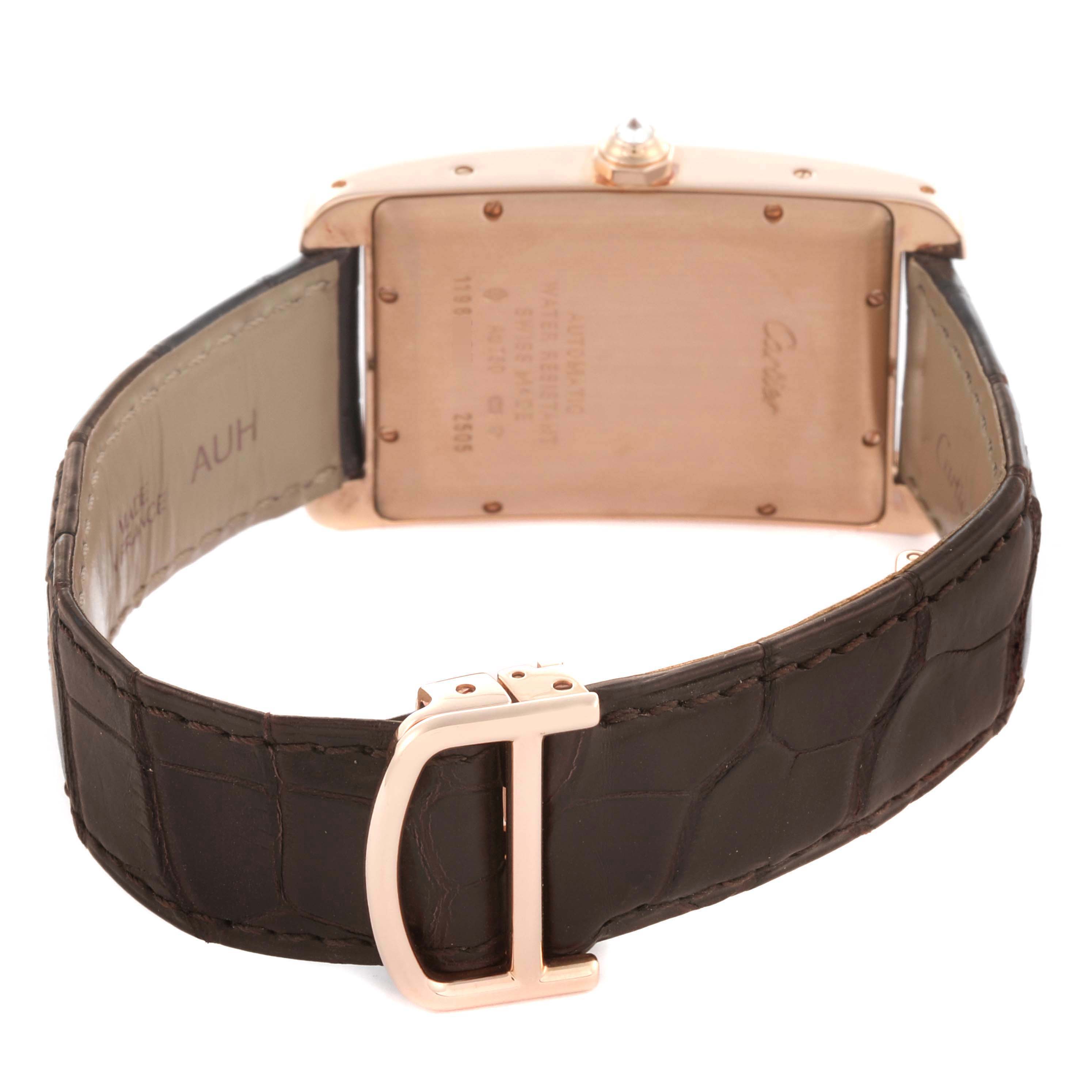 The image shows the back of the Cartier Tank Americaine WB704851 Men's Rose Gold Silver Dial WB704851 Men's Rose Gold Silver Dial watch, highlighting the strap and buckle.