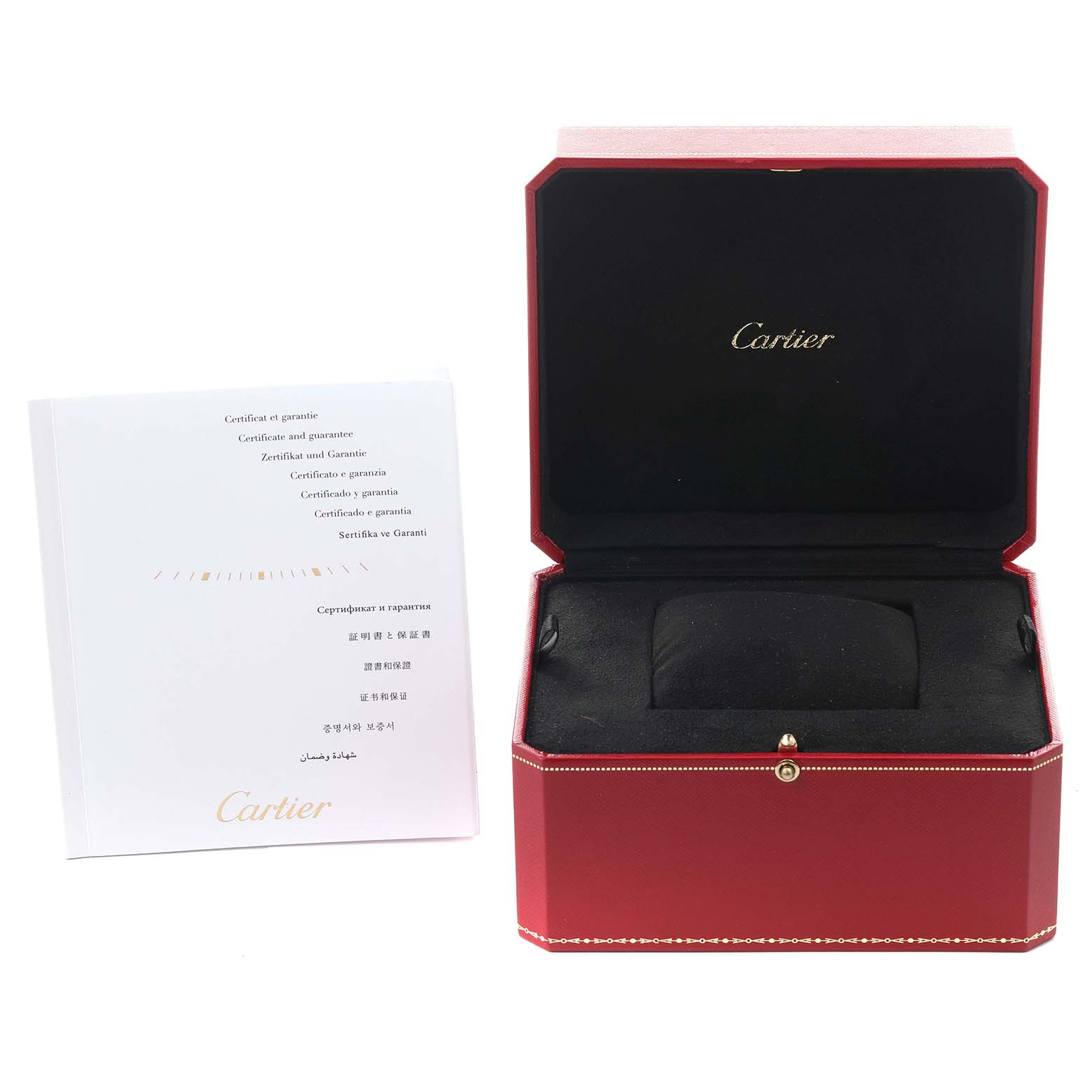 The image shows an open red Cartier watch box and a certificate booklet for the Tank Americaine model.