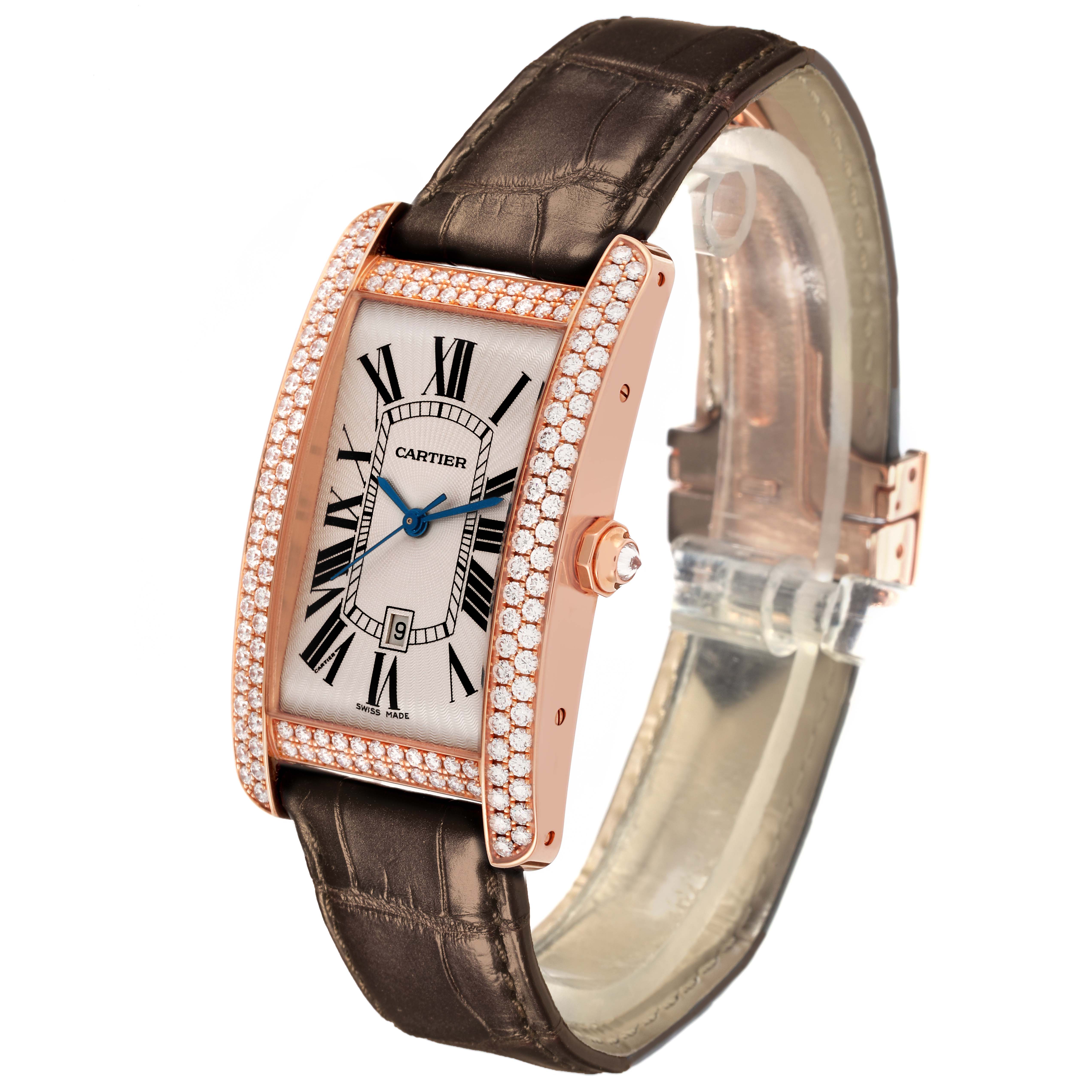 The Cartier Tank Américaine watch is shown at a three-quarter angle, highlighting its strap, diamond-set bezel, and dial.