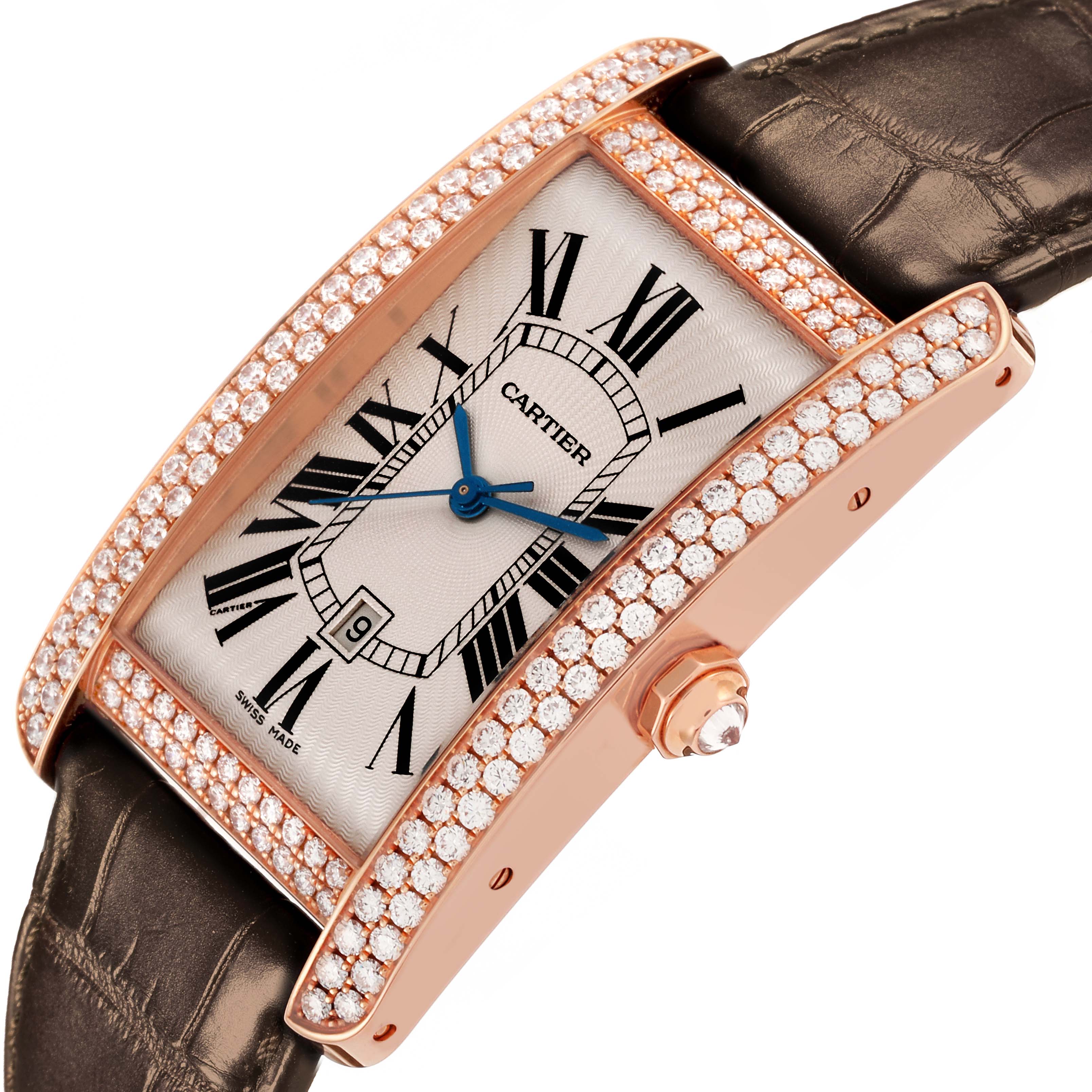 The Cartier Tank Americaine WB704851 Men's Rose Gold Silver Dial WB704851 Men's Rose Gold Silver Dial watch is shown at an angle highlighting the diamond-studded case, Roman numeral dial, and leather strap.