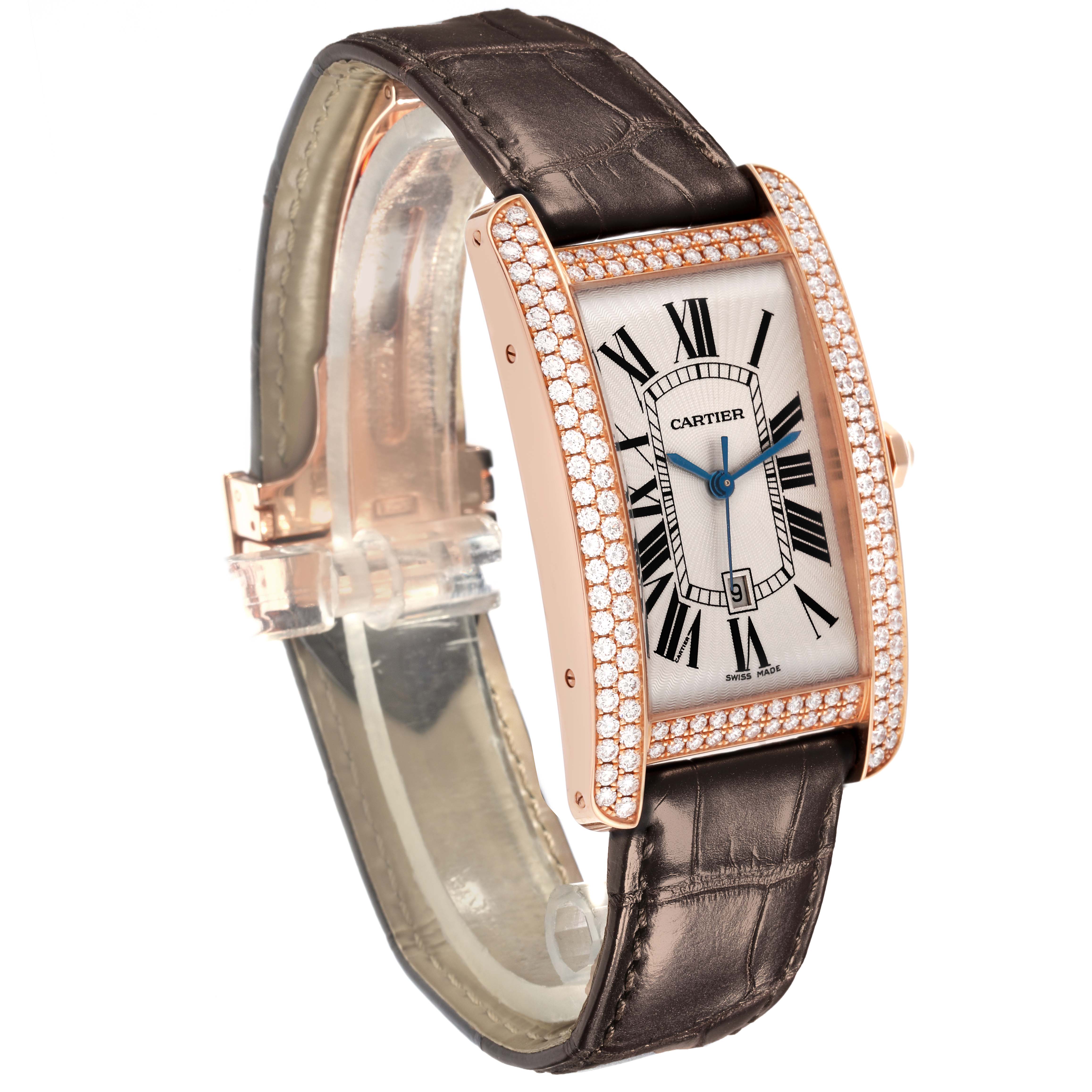 The Cartier Tank Americaine WB704851 Men's Rose Gold Silver Dial WB704851 Men's Rose Gold Silver Dial watch is shown at an oblique angle, highlighting the diamond-studded bezel and leather strap.