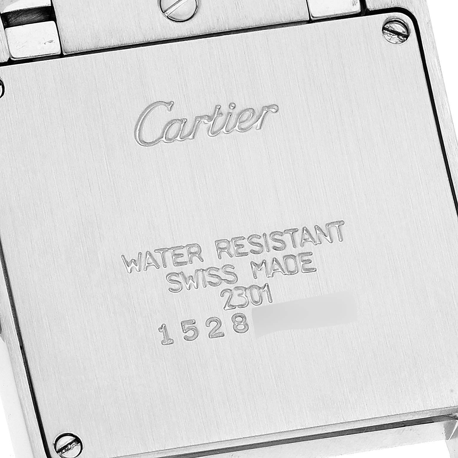 The image shows the back case of a Cartier Tank Française watch, highlighting the brand logo and water resistance details.