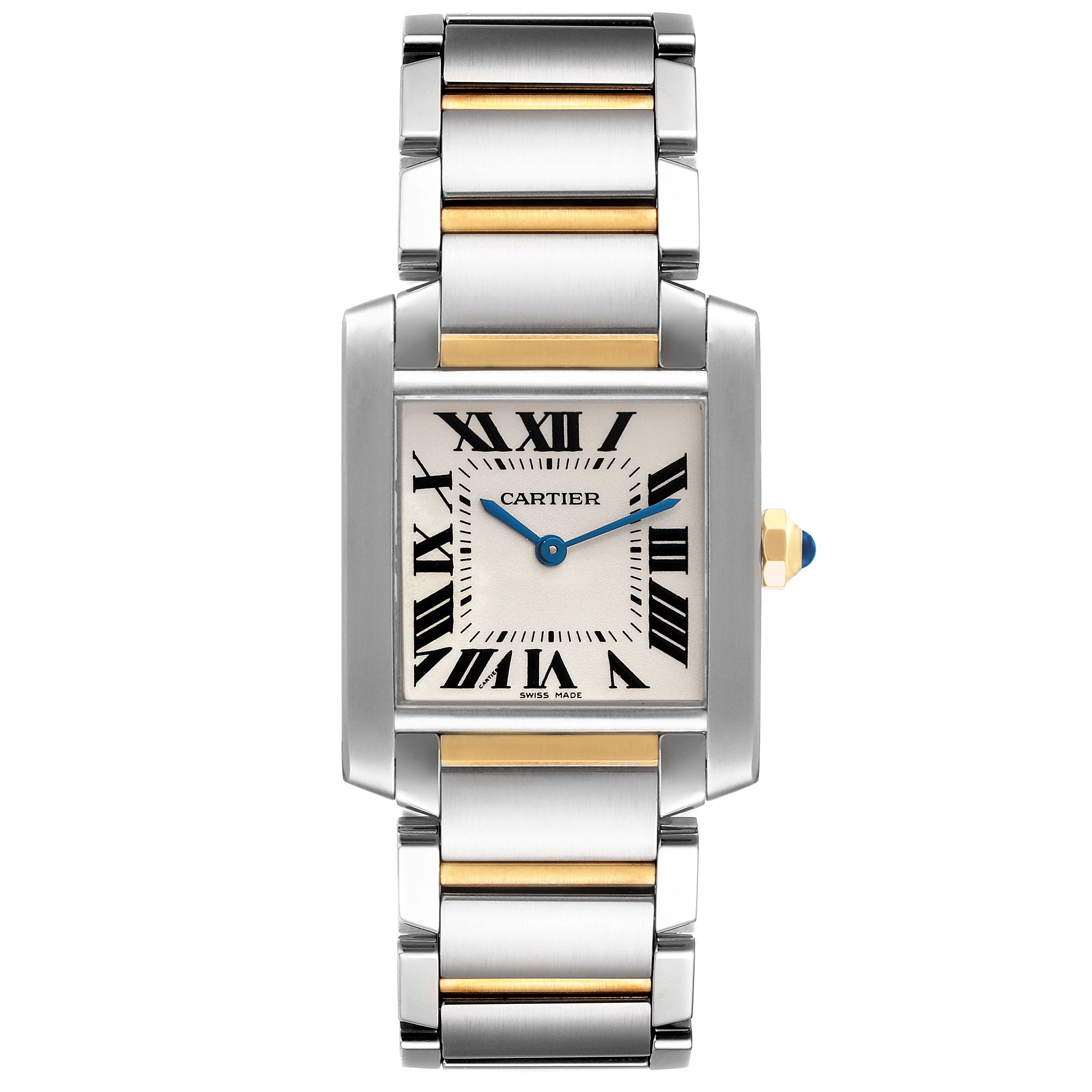 A front view of the Cartier Tank Francaise W2TA0003 Women's Steel and Gold (two tone) Silver Dial W2TA0003 Women's Steel and Gold (two tone) Silver Dial watch showing the face, Roman numerals, and metal bracelet.