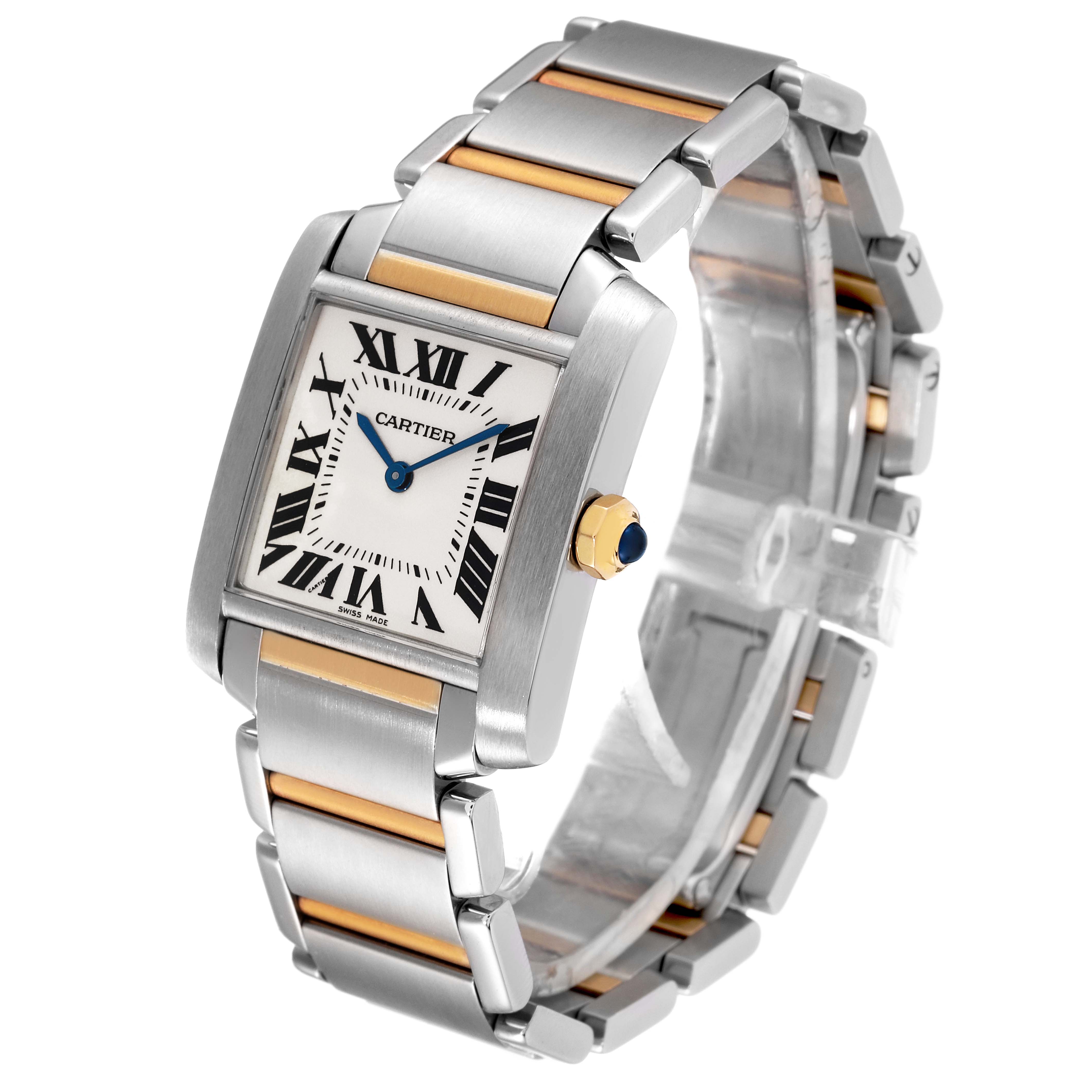The image shows a Cartier Tank Française watch at a three-quarter angle, highlighting the face, crown, and two-tone metal bracelet.