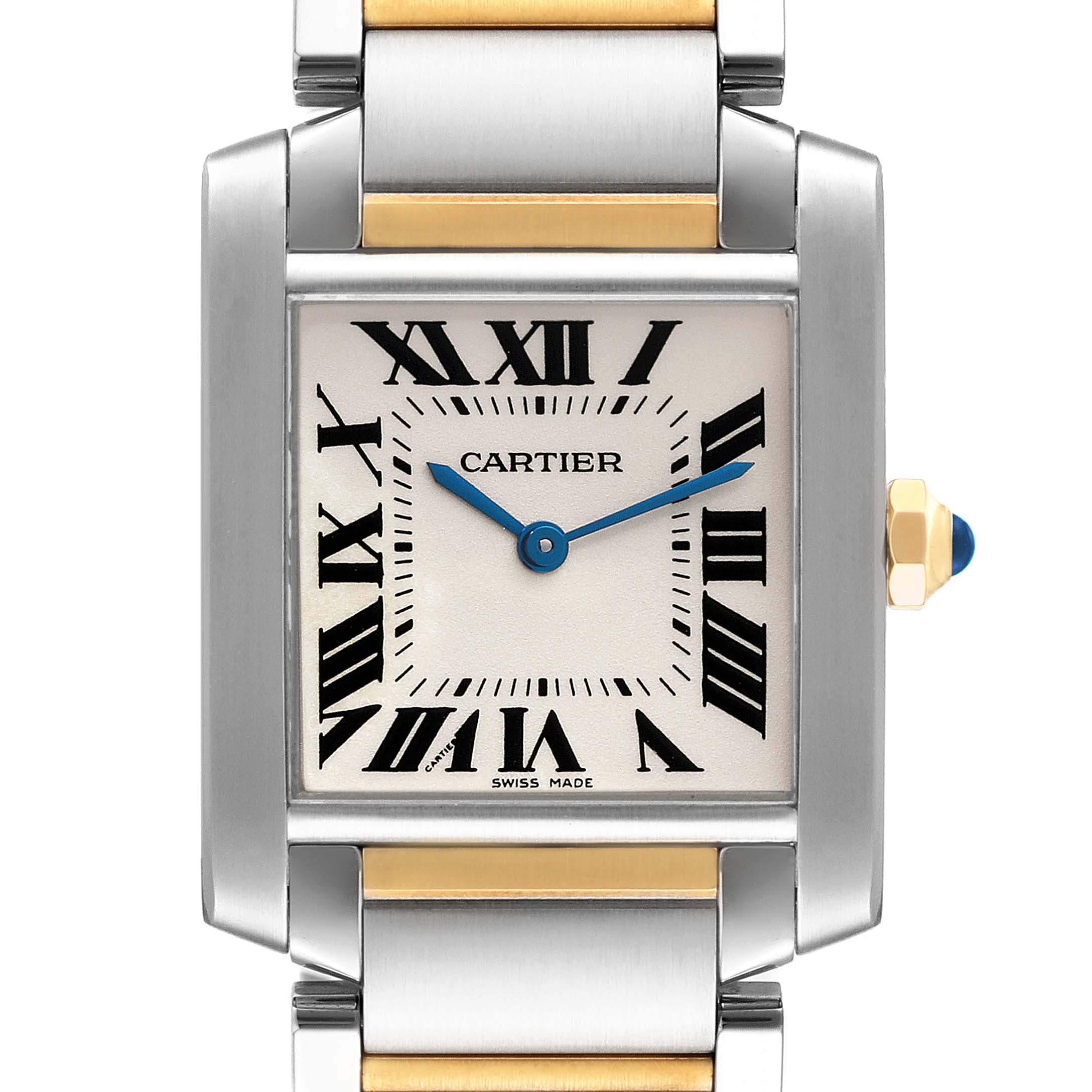 The image shows a front view of a Cartier Tank Francaise W2TA0003 Women's Steel and Gold (two tone) Silver Dial W2TA0003 Women's Steel and Gold (two tone) Silver Dial watch, displaying the dial and part of the band.