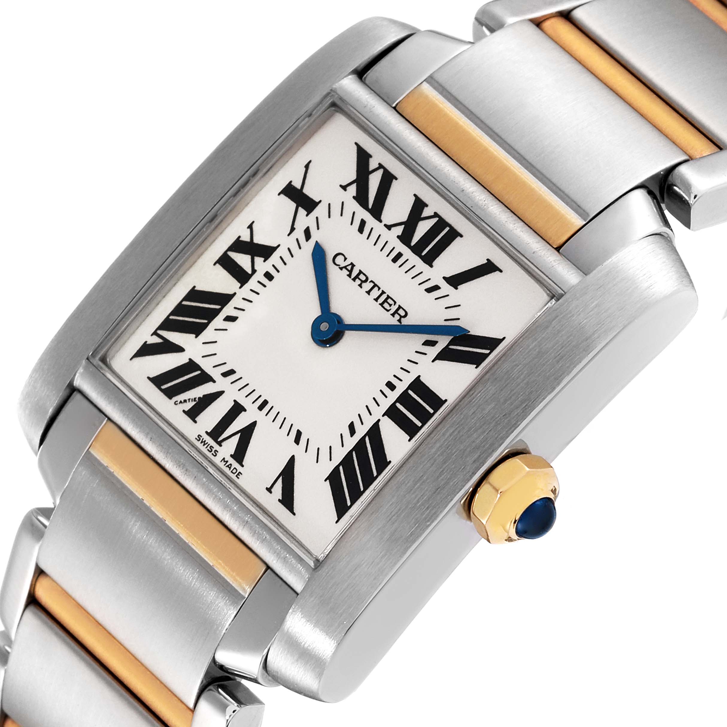 The image shows a close-up angled view of the face and part of the band of a Cartier Tank Francaise W2TA0003 Women's Steel and Gold (two tone) Silver Dial W2TA0003 Women's Steel and Gold (two tone) Silver Dial watch.