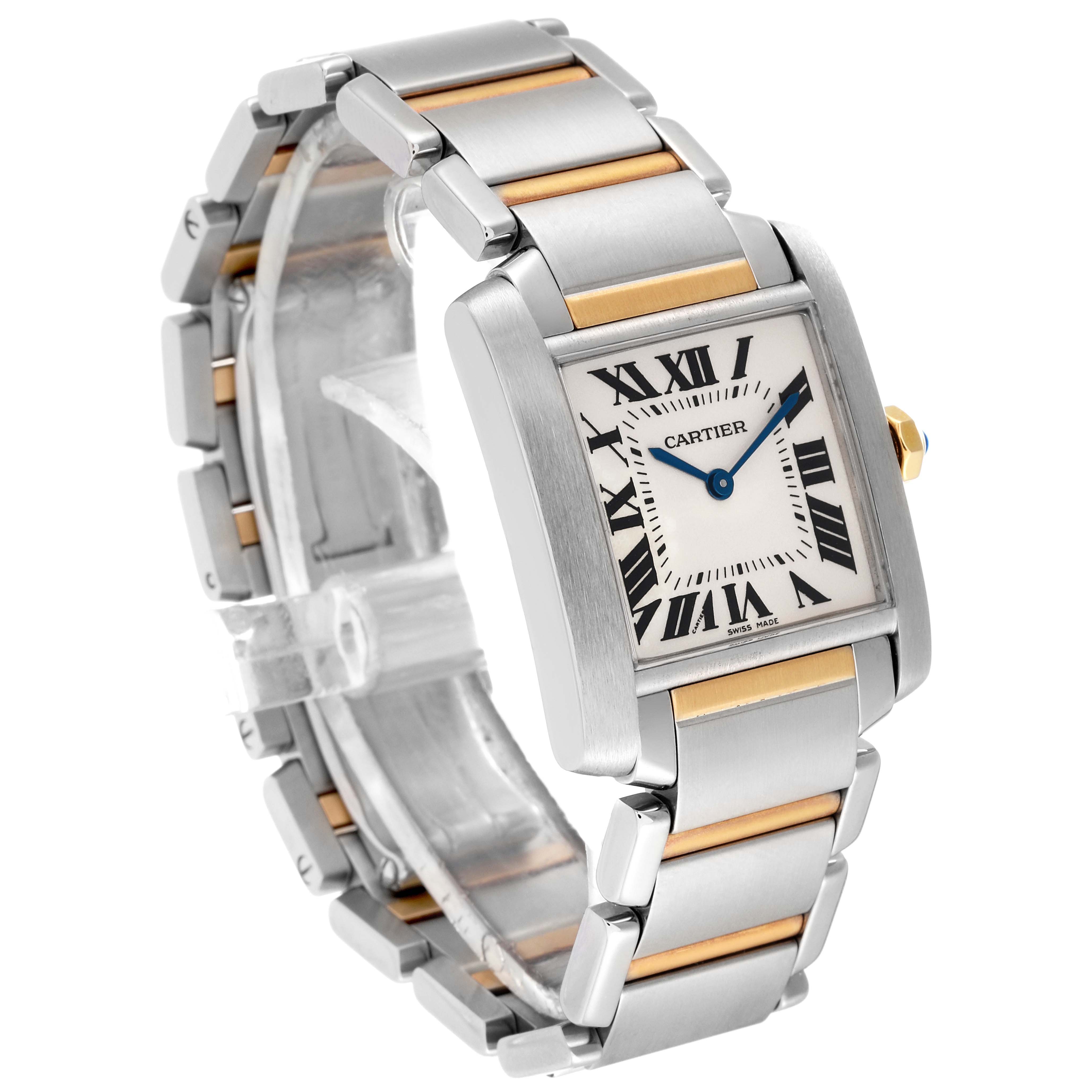 The image shows a side angled view of a Cartier Tank Francaise W2TA0003 Women's Steel and Gold (two tone) Silver Dial W2TA0003 Women's Steel and Gold (two tone) Silver Dial wristwatch, highlighting its metal band and rectangular face.