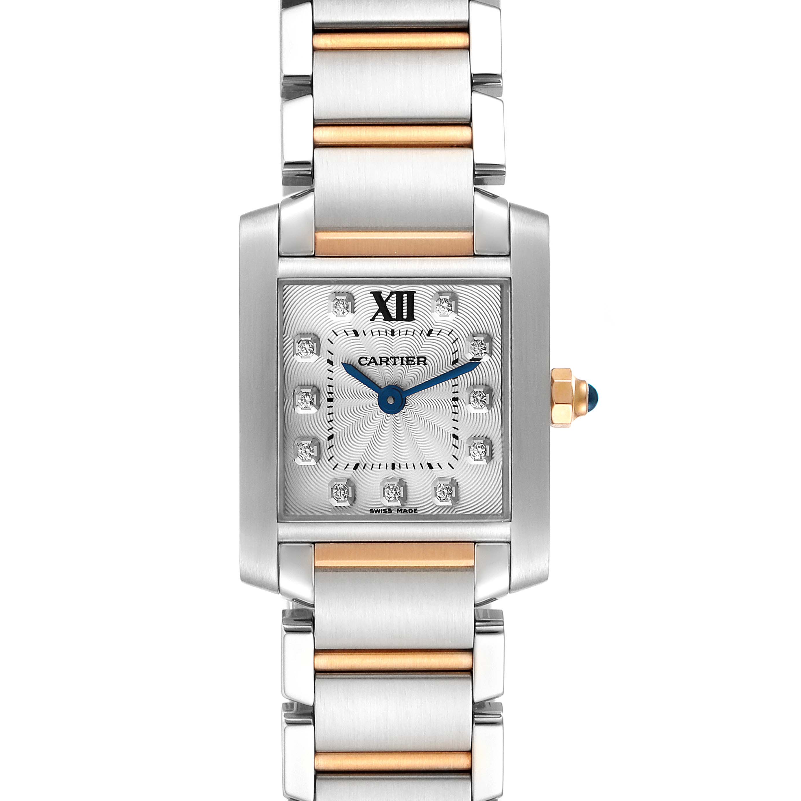 The image shows a front view of a Cartier Tank Francaise WE110004 Women's Steel and Gold (two tone) Silver Dial WE110004 Women's Steel and Gold (two tone) Silver Dial watch, highlighting its rectangular face and two-tone metal bracelet.