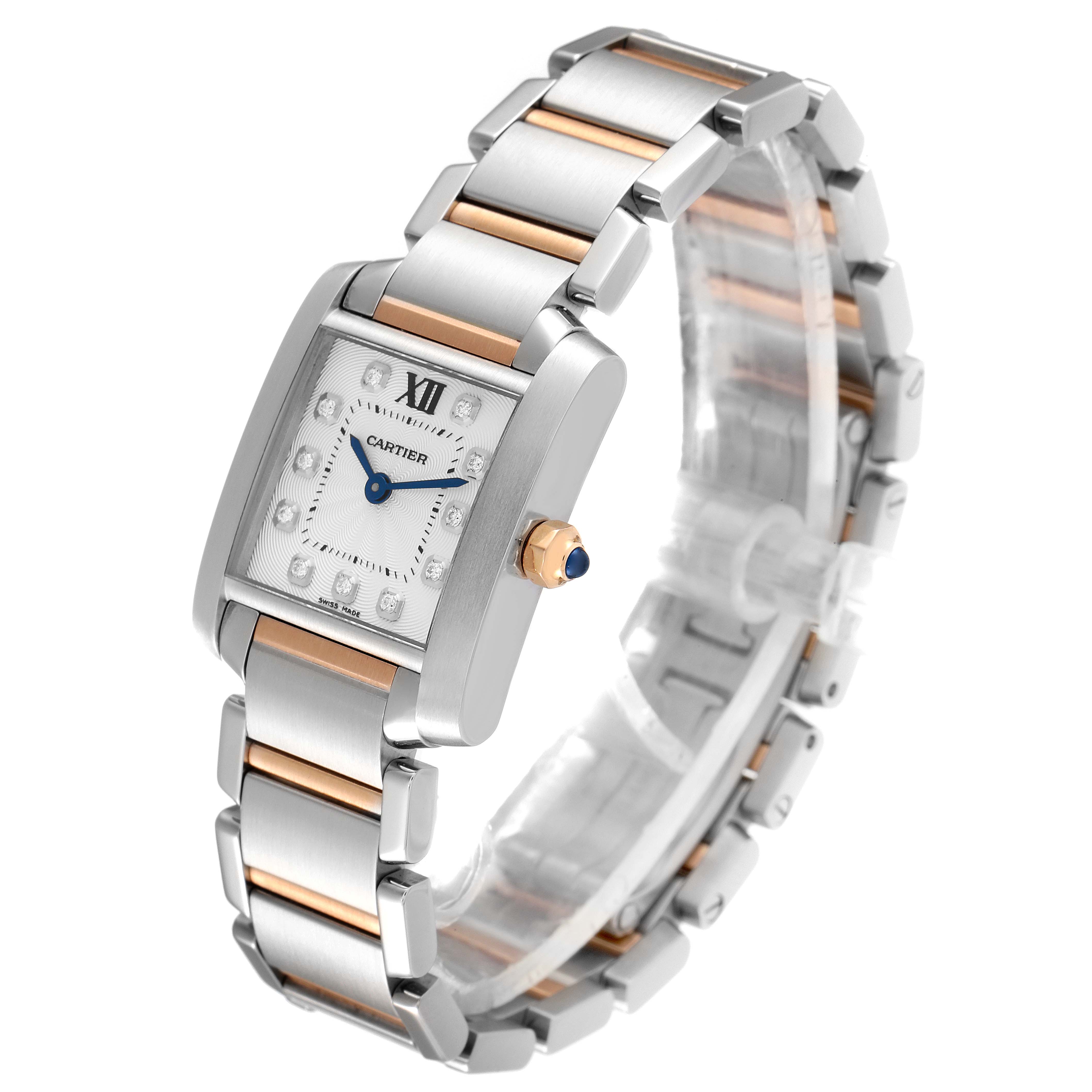 The image shows a Cartier Tank Francaise WE110004 Women's Steel and Gold (two tone) Silver Dial WE110004 Women's Steel and Gold (two tone) Silver Dial watch at a three-quarter angle, highlighting its two-tone metal bracelet and rectangular face.