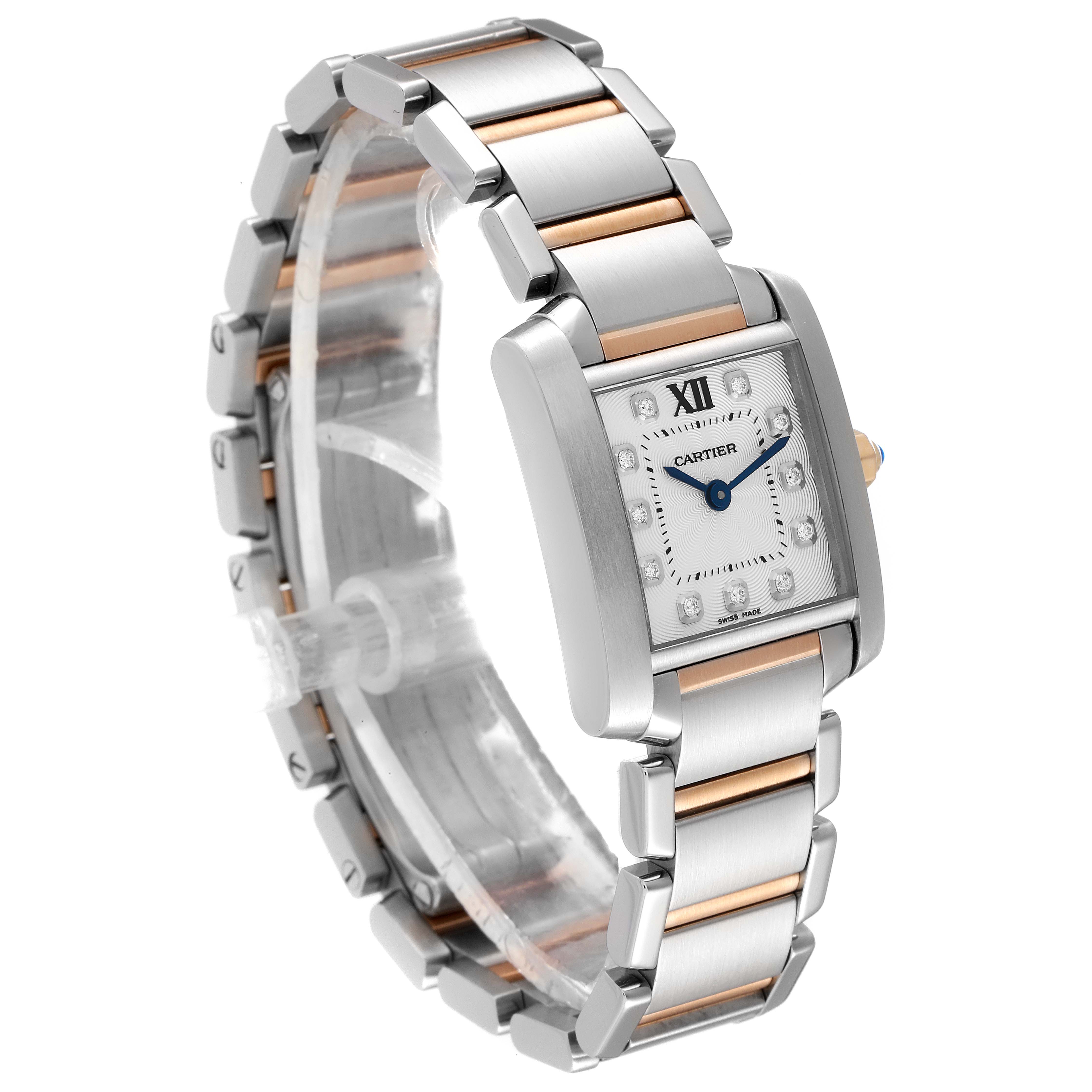 The image shows a Cartier Tank Francaise WE110004 Women's Steel and Gold (two tone) Silver Dial WE110004 Women's Steel and Gold (two tone) Silver Dial watch at a slight angle, highlighting the face, bracelet, and crown.