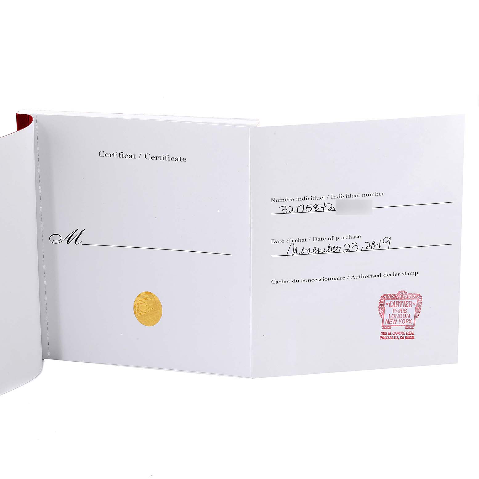 The image shows the certificate for the Cartier Tank Française watch, including individual number, date of purchase, and authorized dealer stamp.