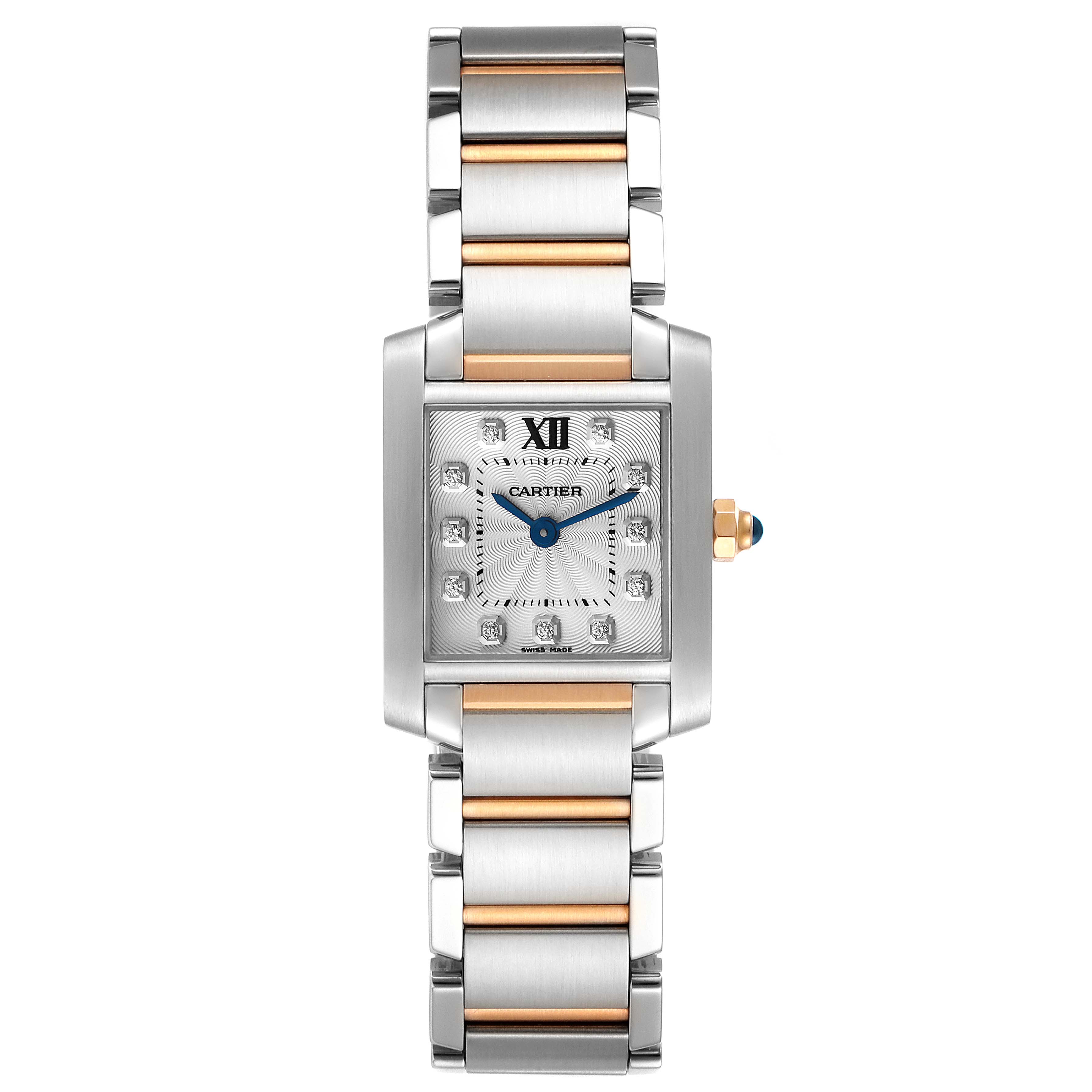 The image shows a Cartier Tank Francaise WE110004 Women's Steel and Gold (two tone) Silver Dial WE110004 Women's Steel and Gold (two tone) Silver Dial watch from a top-down angle, highlighting the face, bezel, and two-tone metal bracelet.