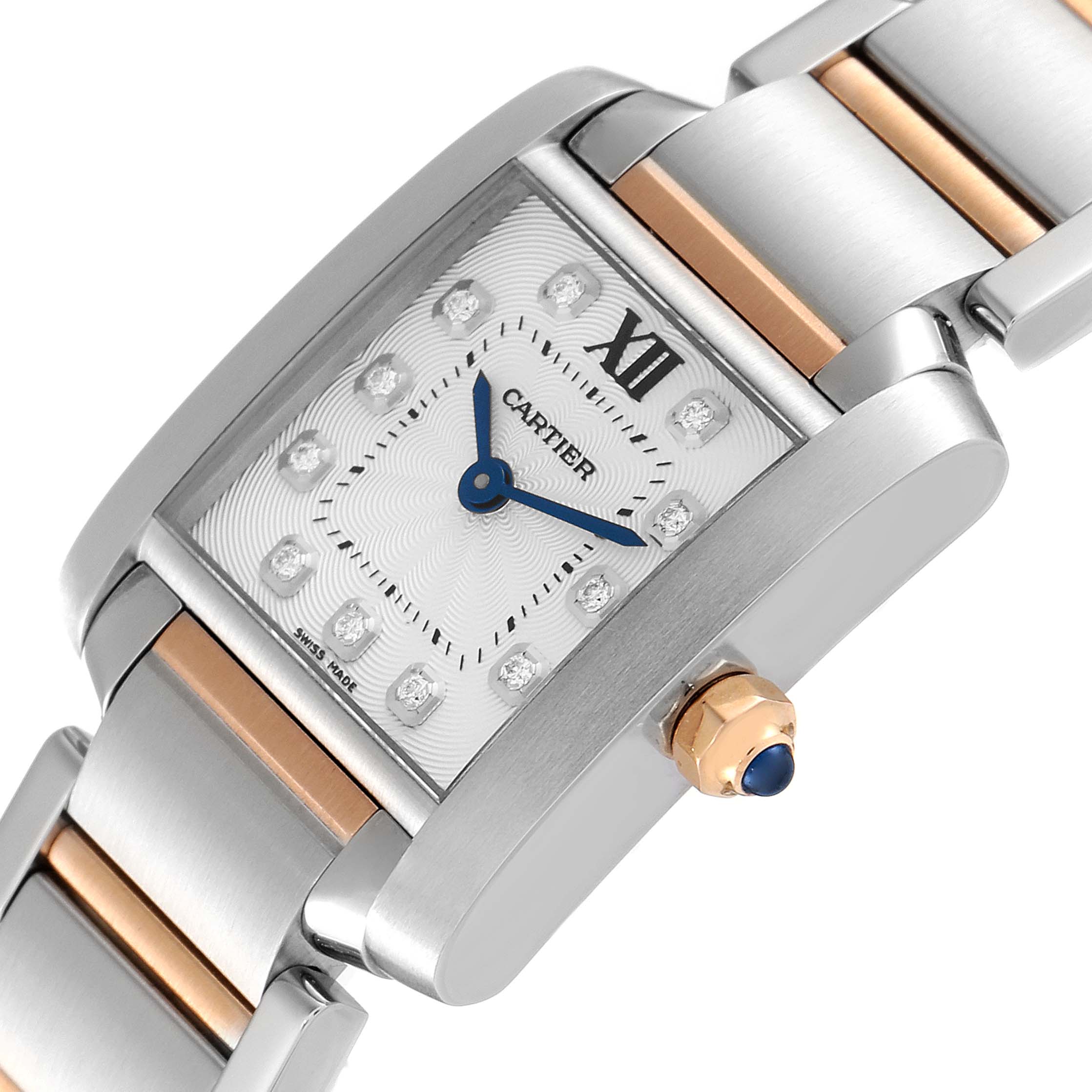 The image shows a close-up angle of the Cartier Tank Francaise WE110004 Women's Steel and Gold (two tone) Silver Dial WE110004 Women's Steel and Gold (two tone) Silver Dial watch, emphasizing the face, crown, and part of the bracelet.