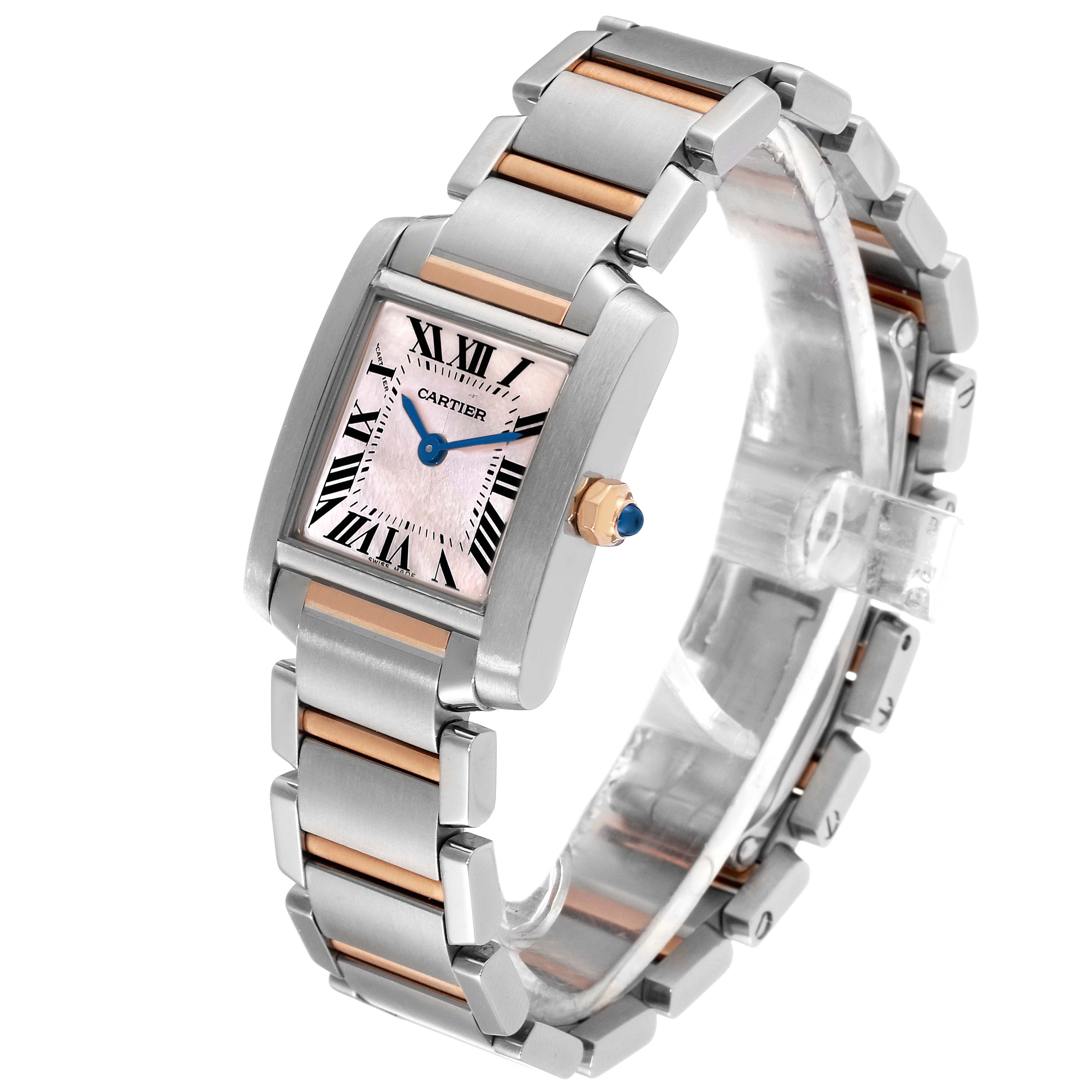 This image shows a Tank Francaise watch by Cartier, featuring a silver and gold two-tone bracelet, viewed at a slight angle.