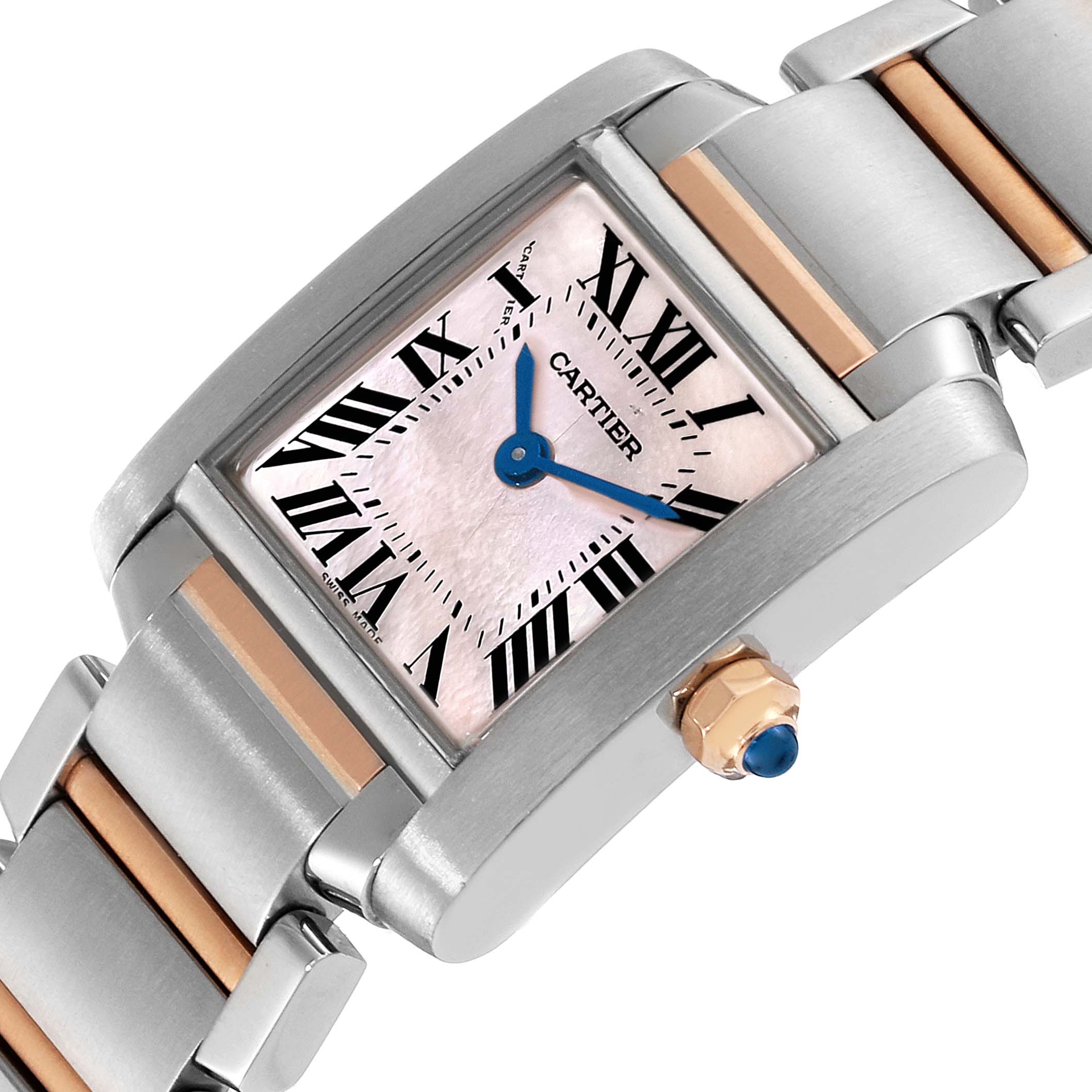 This image shows a close-up angle of the Cartier Tank Française watch, highlighting the face, Roman numerals, hour and minute hands, and part of the two-tone band.