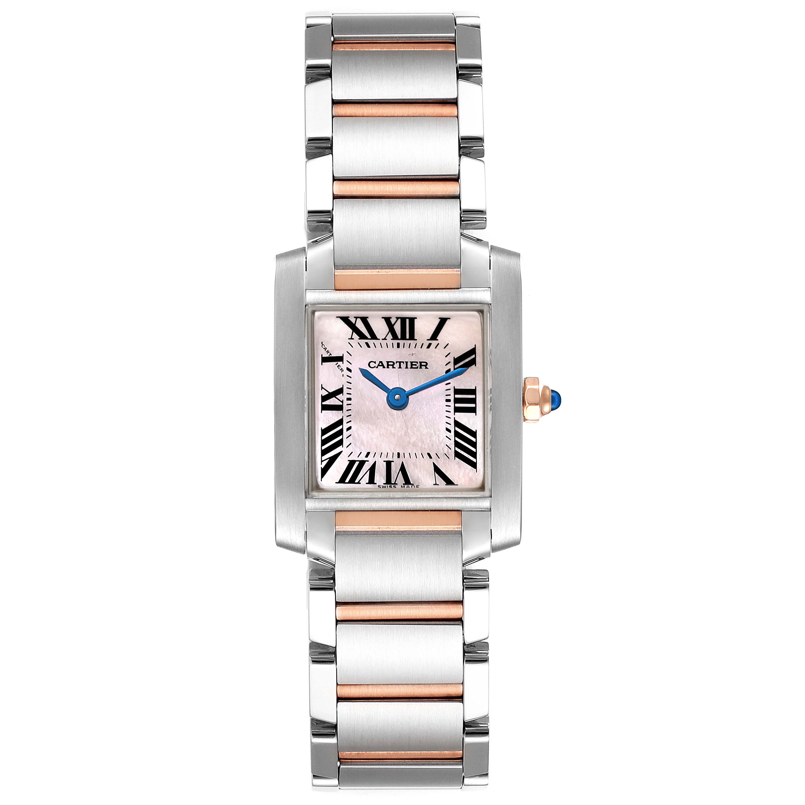 The image shows a top view of the Cartier Tank Francaise W51027Q4 Women's Steel and Gold (two tone) Mother of Pearl Dial W51027Q4 Women's Steel and Gold (two tone) Mother of Pearl Dial watch, highlighting its face, bracelet, and crown.