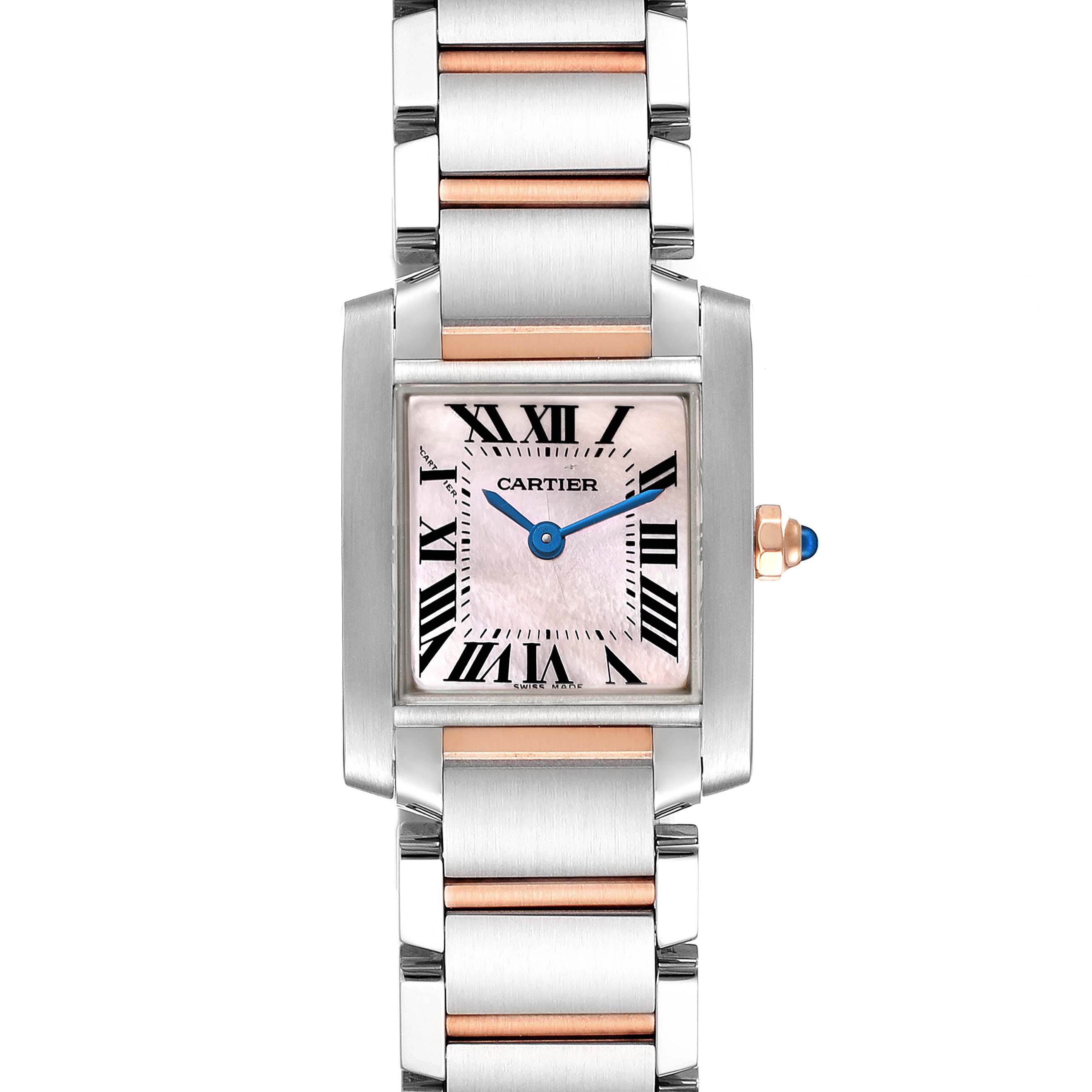 The image shows a front view of a Cartier Tank Francaise W51027Q4 Women's Steel and Gold (two tone) Mother of Pearl Dial W51027Q4 Women's Steel and Gold (two tone) Mother of Pearl Dial watch including its dial, hands, and part of its metal bracelet.