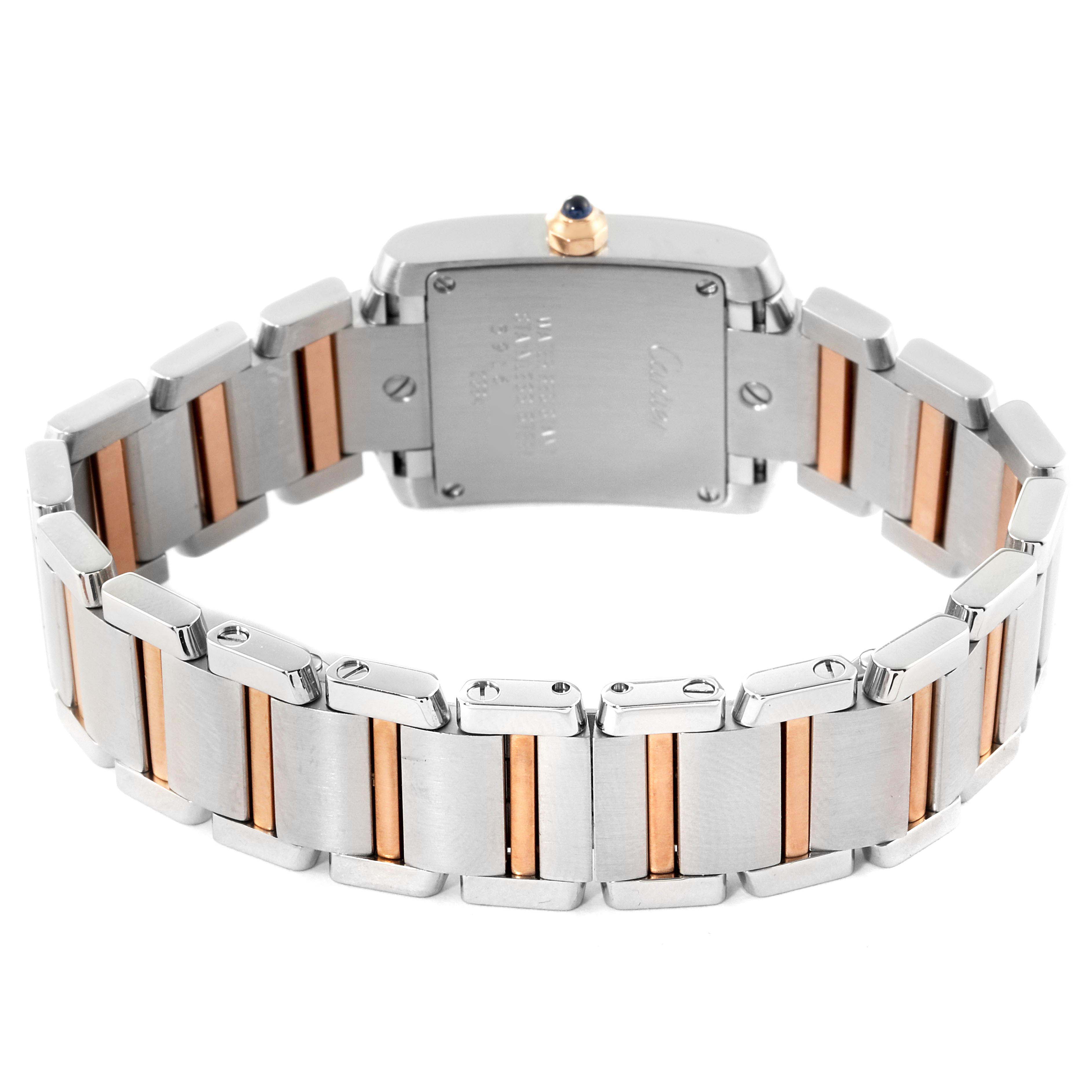 The image shows the backside and bracelet of a Cartier Tank Française watch in a two-tone metal design.