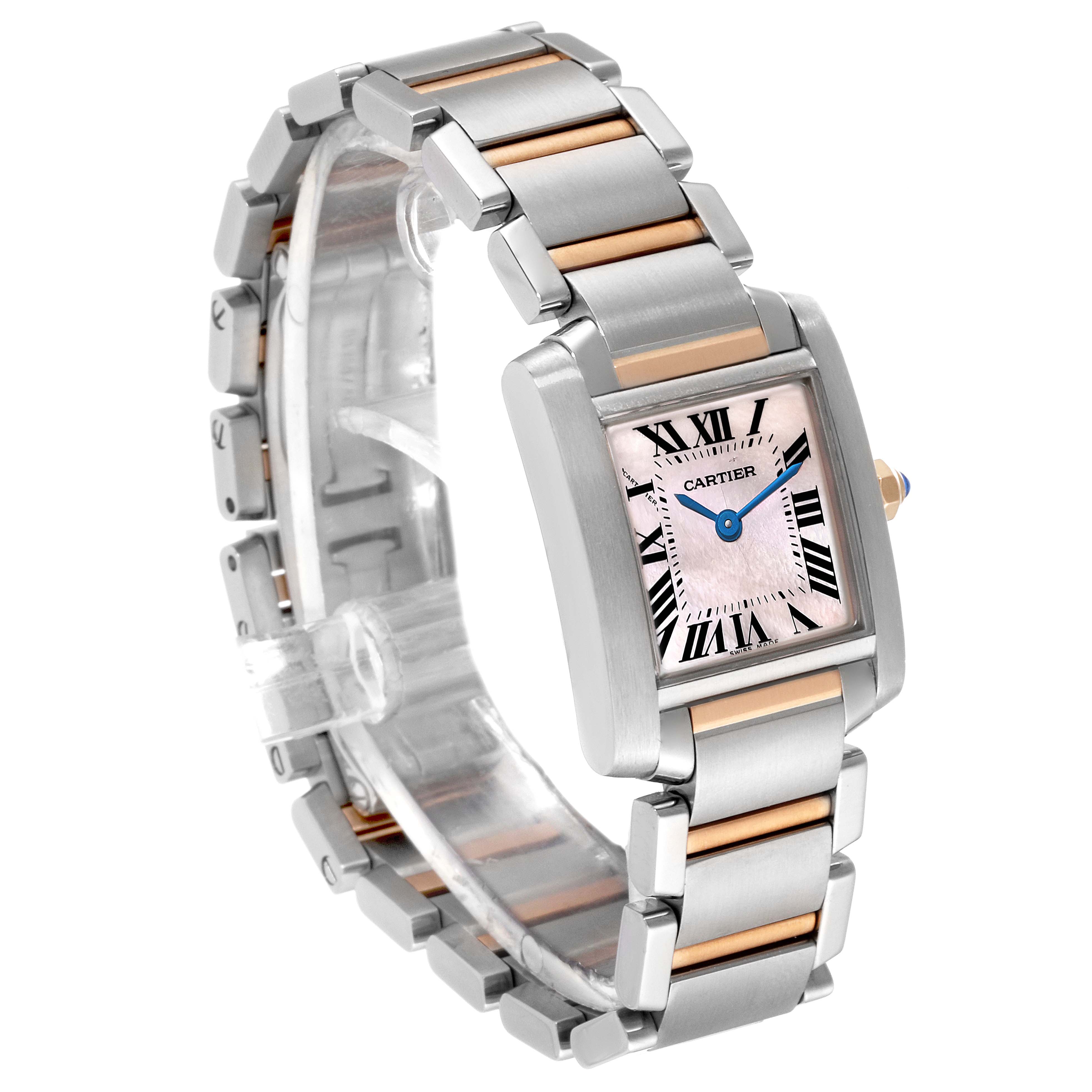 The Cartier Tank Francaise W51027Q4 Women's Steel and Gold (two tone) Mother of Pearl Dial W51027Q4 Women's Steel and Gold (two tone) Mother of Pearl Dial watch is shown at an angle, highlighting its face, bracelet, and side profile.