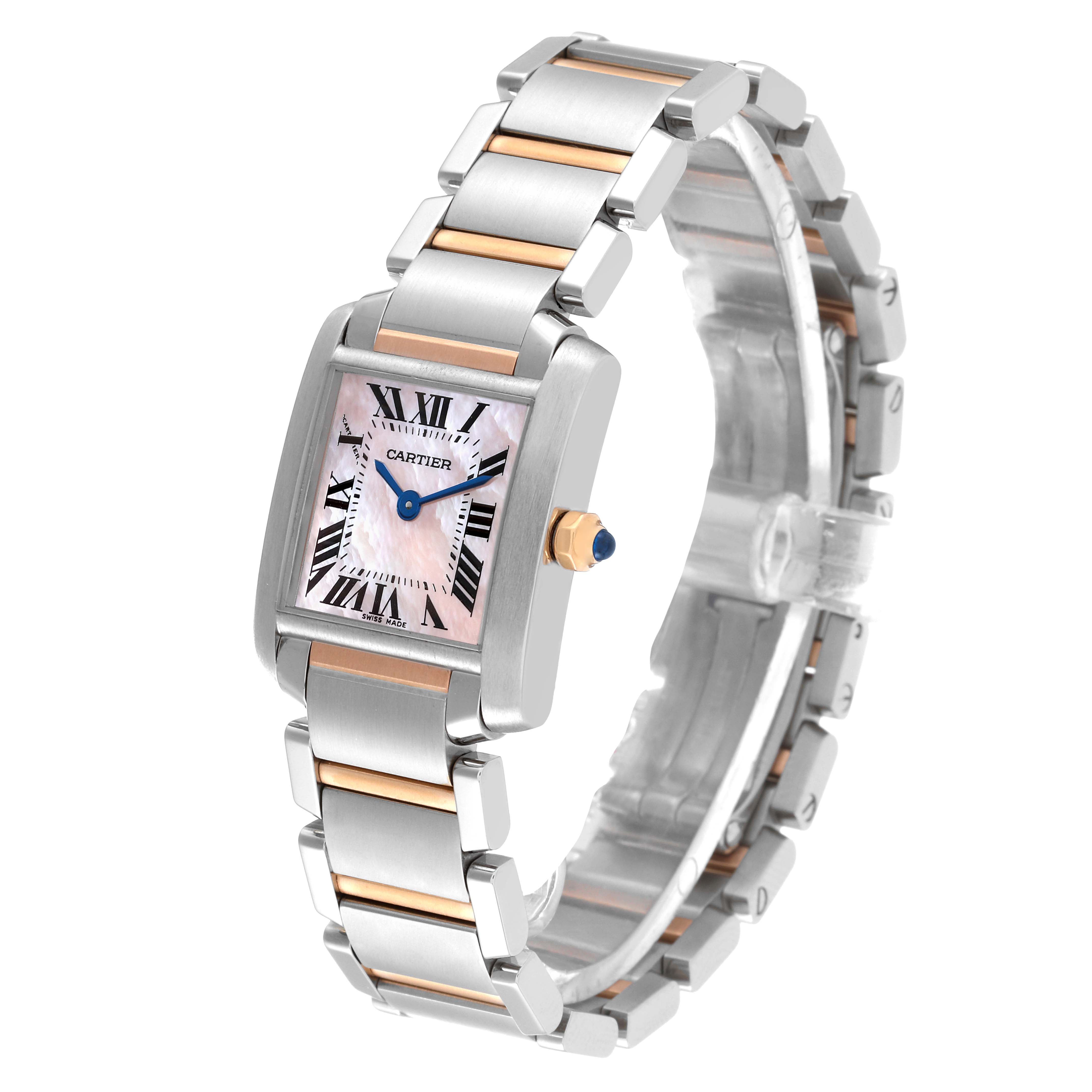 The image shows a Tank Francaise model by Cartier at a slight angle, featuring its stainless steel and gold bracelet and rectangular face.