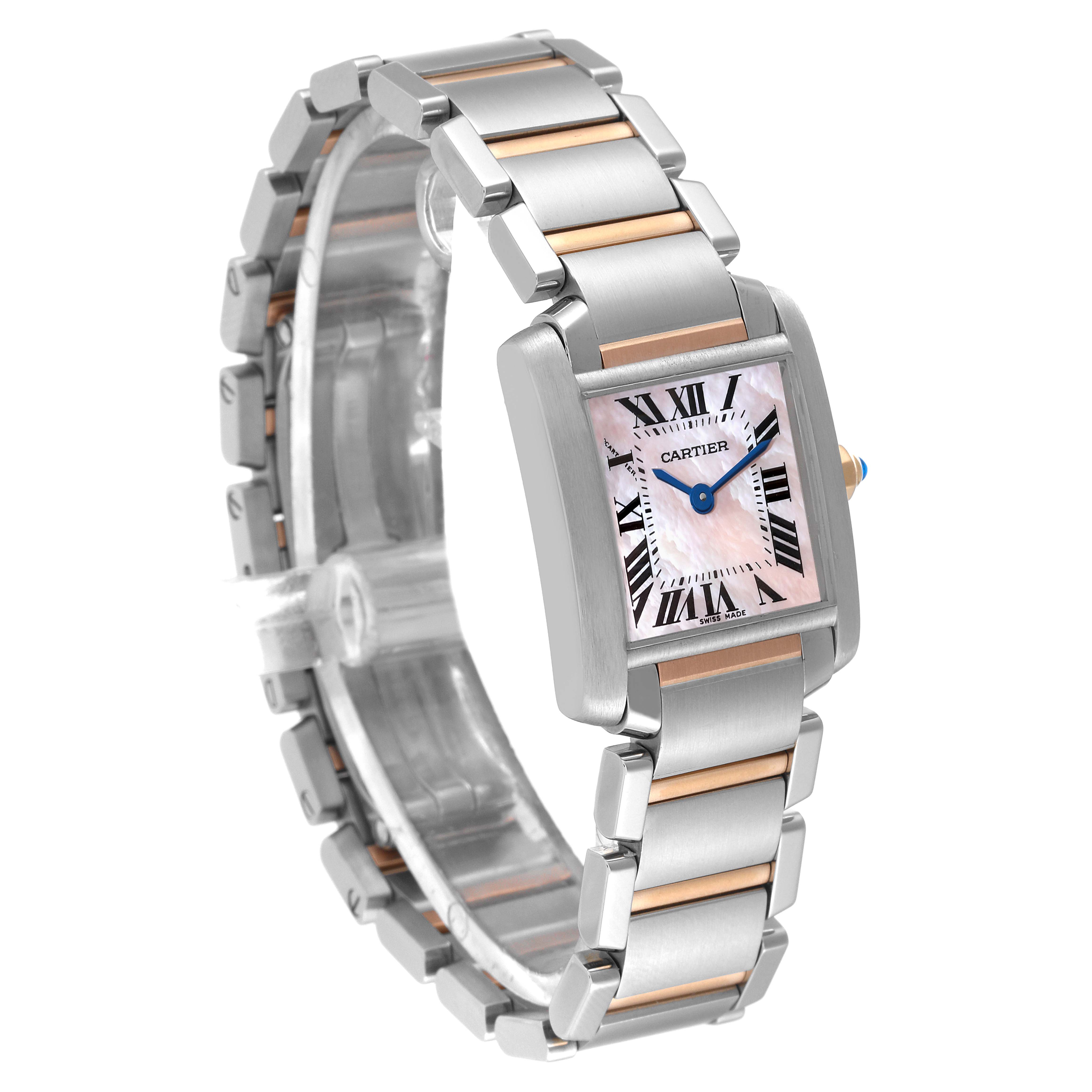 The image shows a Cartier Tank Francaise W51027Q4 Women's Steel and Gold (two tone) Mother of Pearl Dial W51027Q4 Women's Steel and Gold (two tone) Mother of Pearl Dial watch angled to display its face, part of the bracelet, and Roman numeral dial.