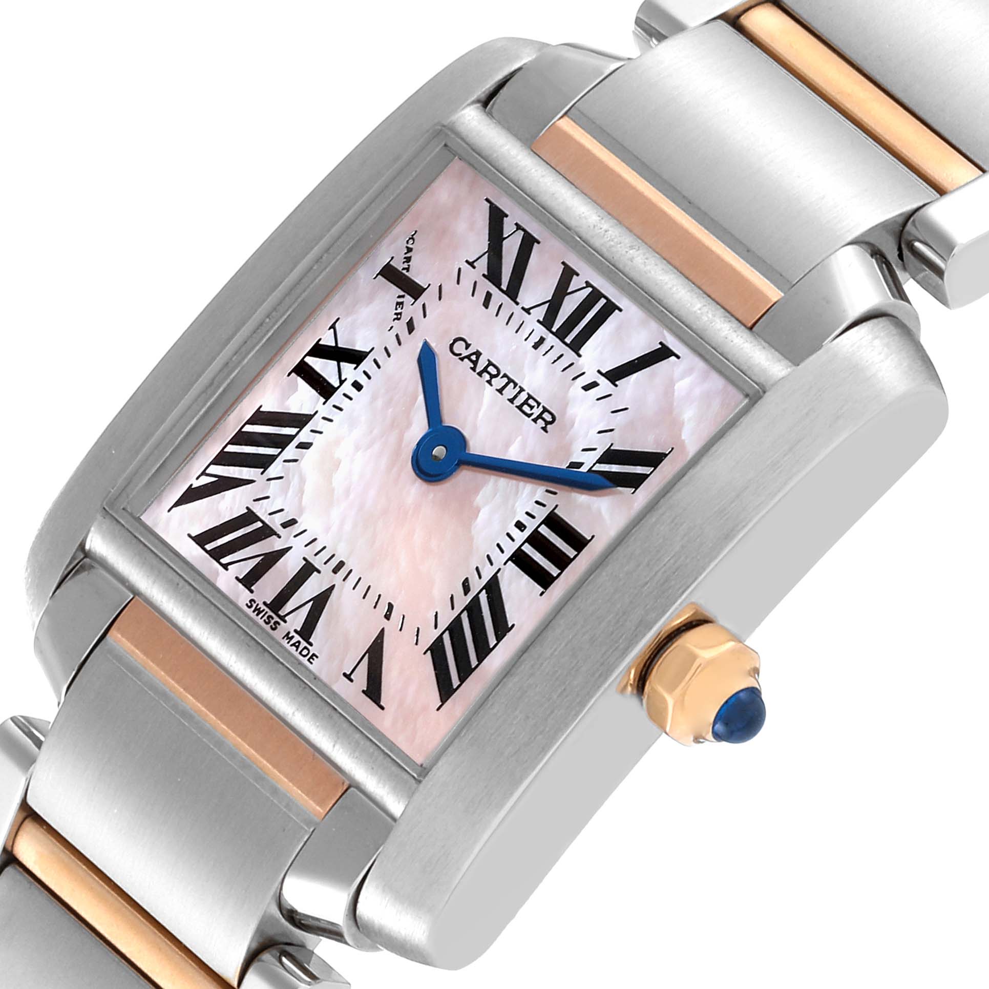 The image shows a close-up front view of the Cartier Tank Française watch, highlighting its face, bezel, crown, and bracelet.