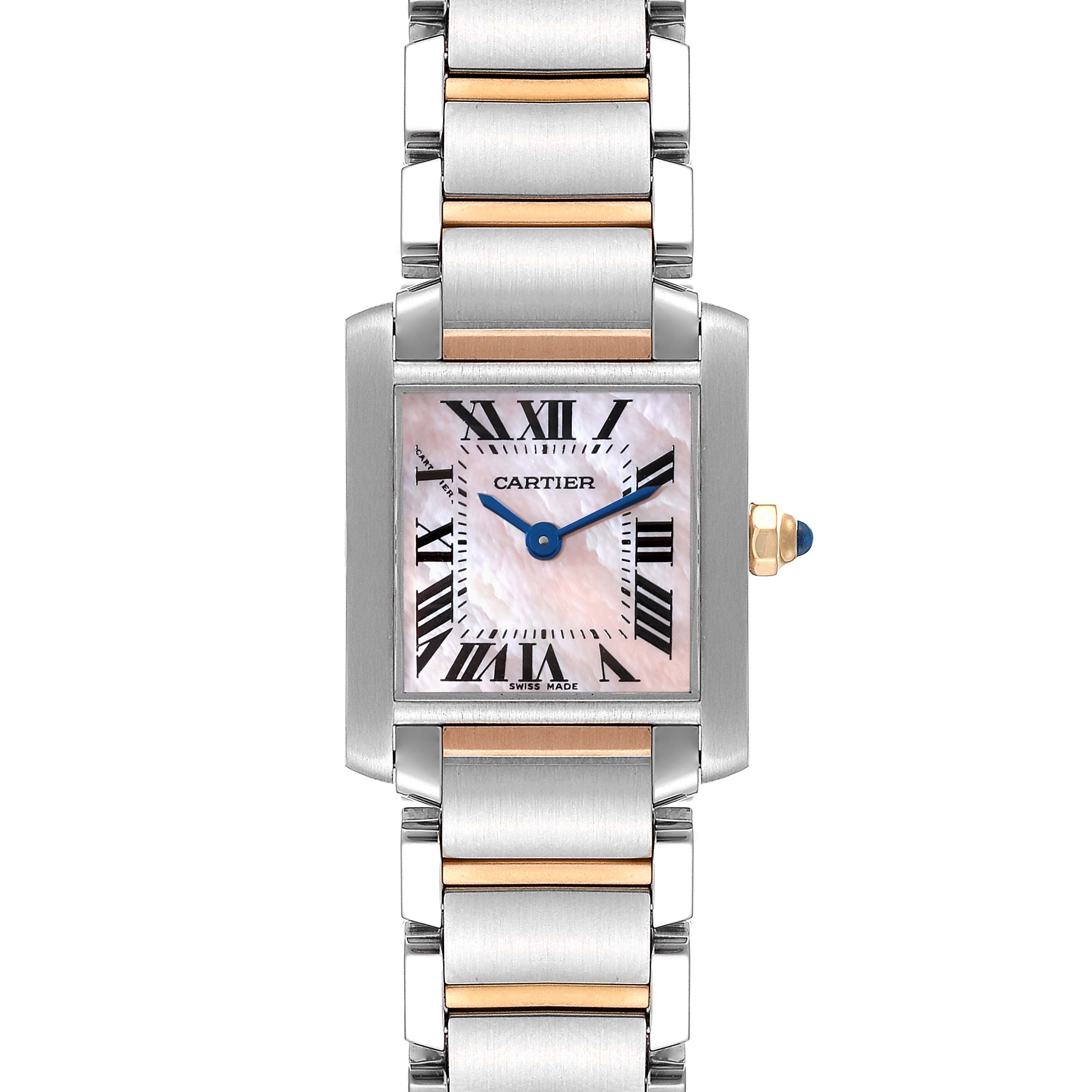 The image shows a Cartier Tank Française watch front-facing, highlighting its rectangular face, stainless steel and gold bracelet.
