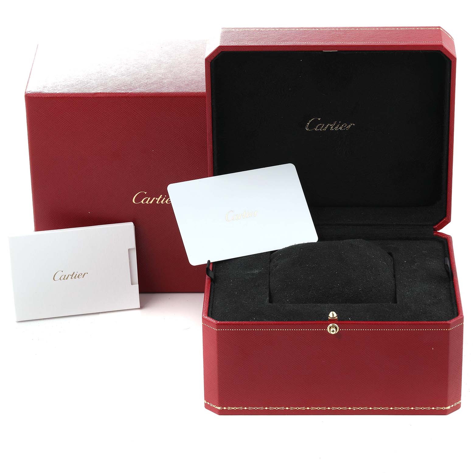 The image shows the open box and warranty cards for the Cartier Tank Louis WGTA0011 Men
s Rose Gold Silver Dial WGTA0011 Men
s Rose Gold Silver Dial watch.