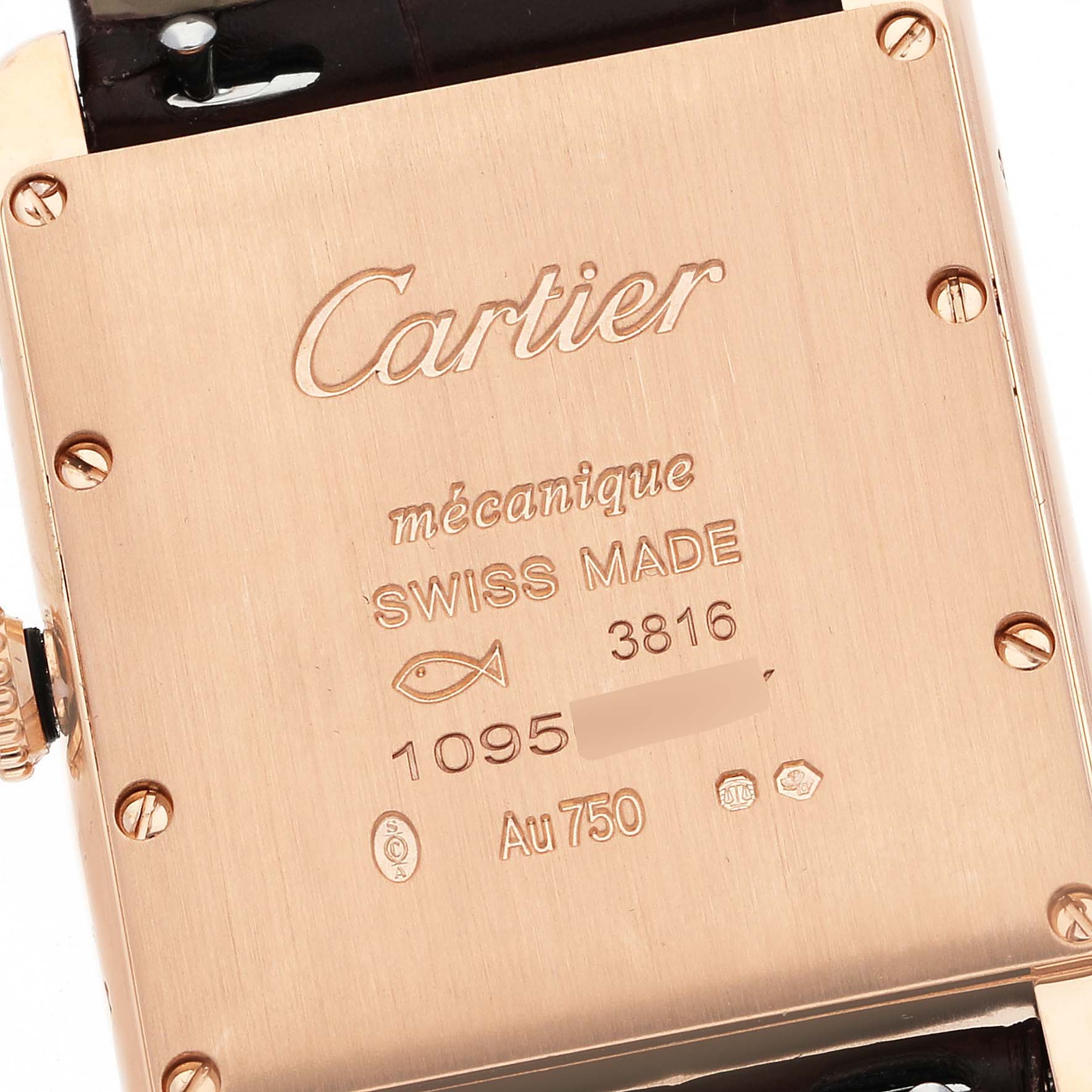 This image shows the back casing of the Cartier Tank Louis WGTA0011 Men
s Rose Gold Silver Dial WGTA0011 Men
s Rose Gold Silver Dial watch with visible engravings and a portion of the strap.