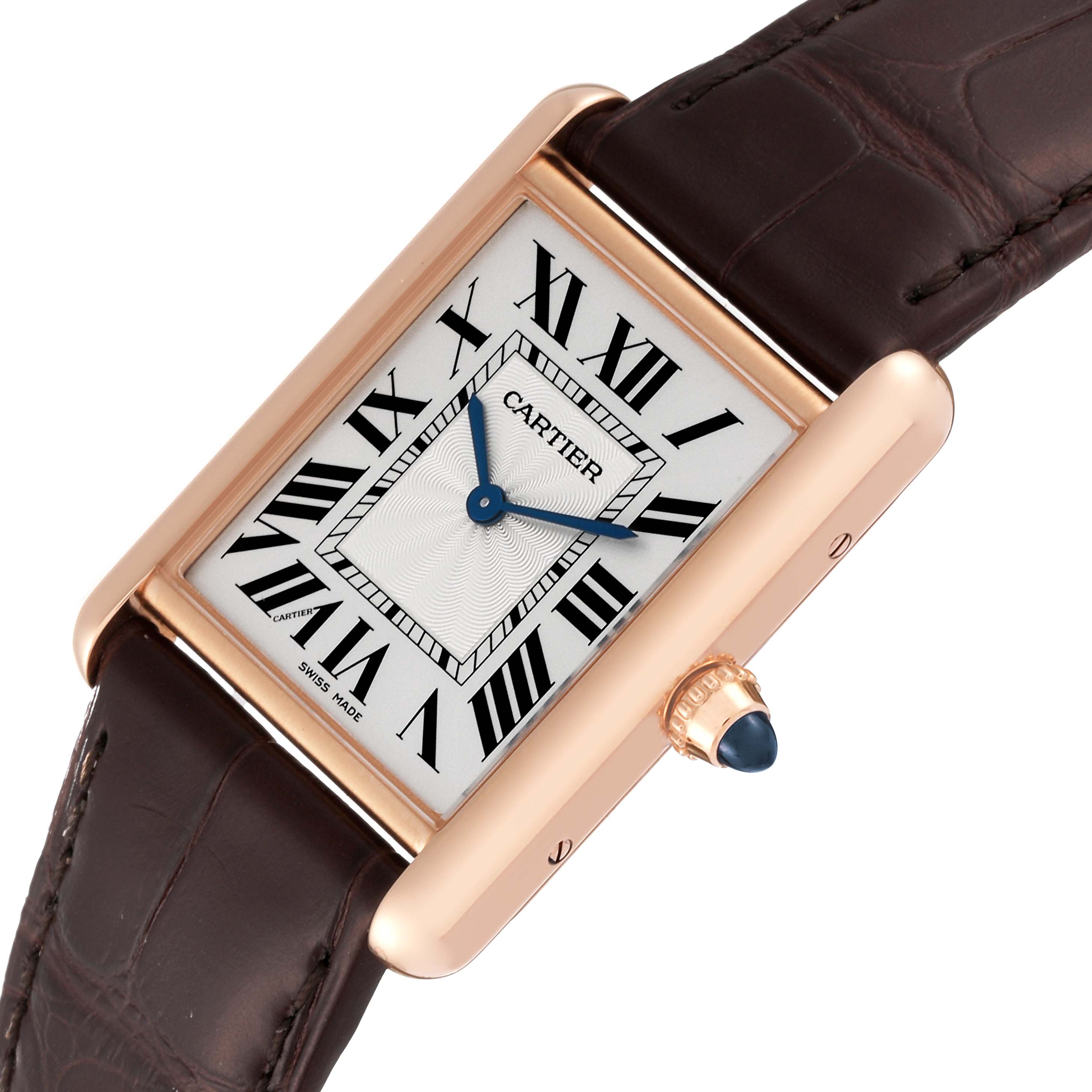 The image shows a Cartier Tank Louis WGTA0011 Men
s Rose Gold Silver Dial WGTA0011 Men
s Rose Gold Silver Dial watch at an angle displaying the face, crown, and part of the leather strap.