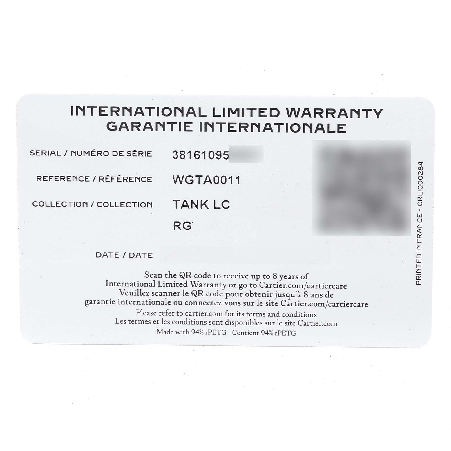 This is an international limited warranty card for a Cartier Tank Louis WGTA0011 Men
s Rose Gold Silver Dial WGTA0011 Men
s Rose Gold Silver Dial model watch, displaying serial and reference numbers.