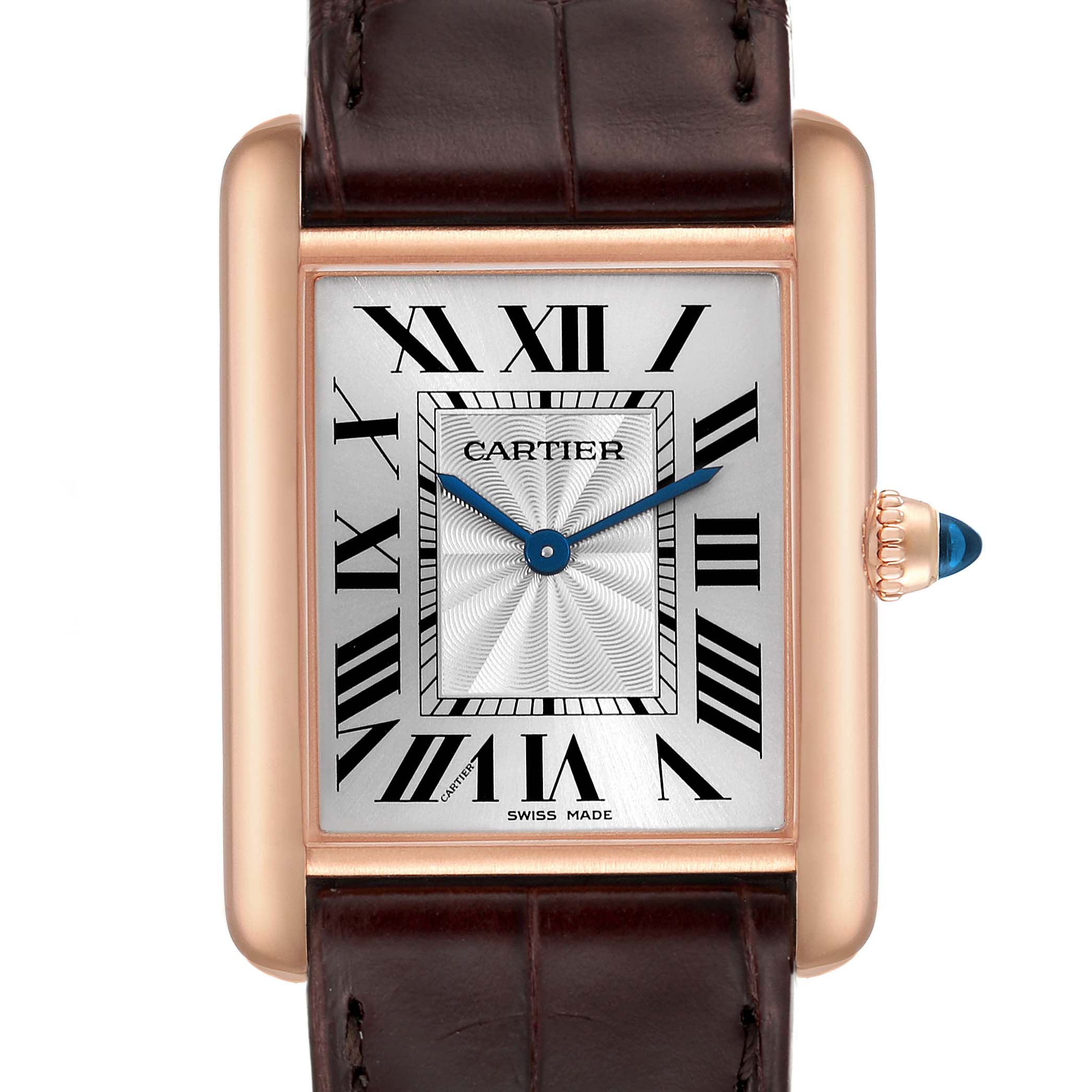 The image shows a close-up, front view of the Cartier Tank Louis WGTA0011 Men
s Rose Gold Silver Dial WGTA0011 Men
s Rose Gold Silver Dial watch, highlighting its rectangular dial, Roman numerals, and brown leather strap.