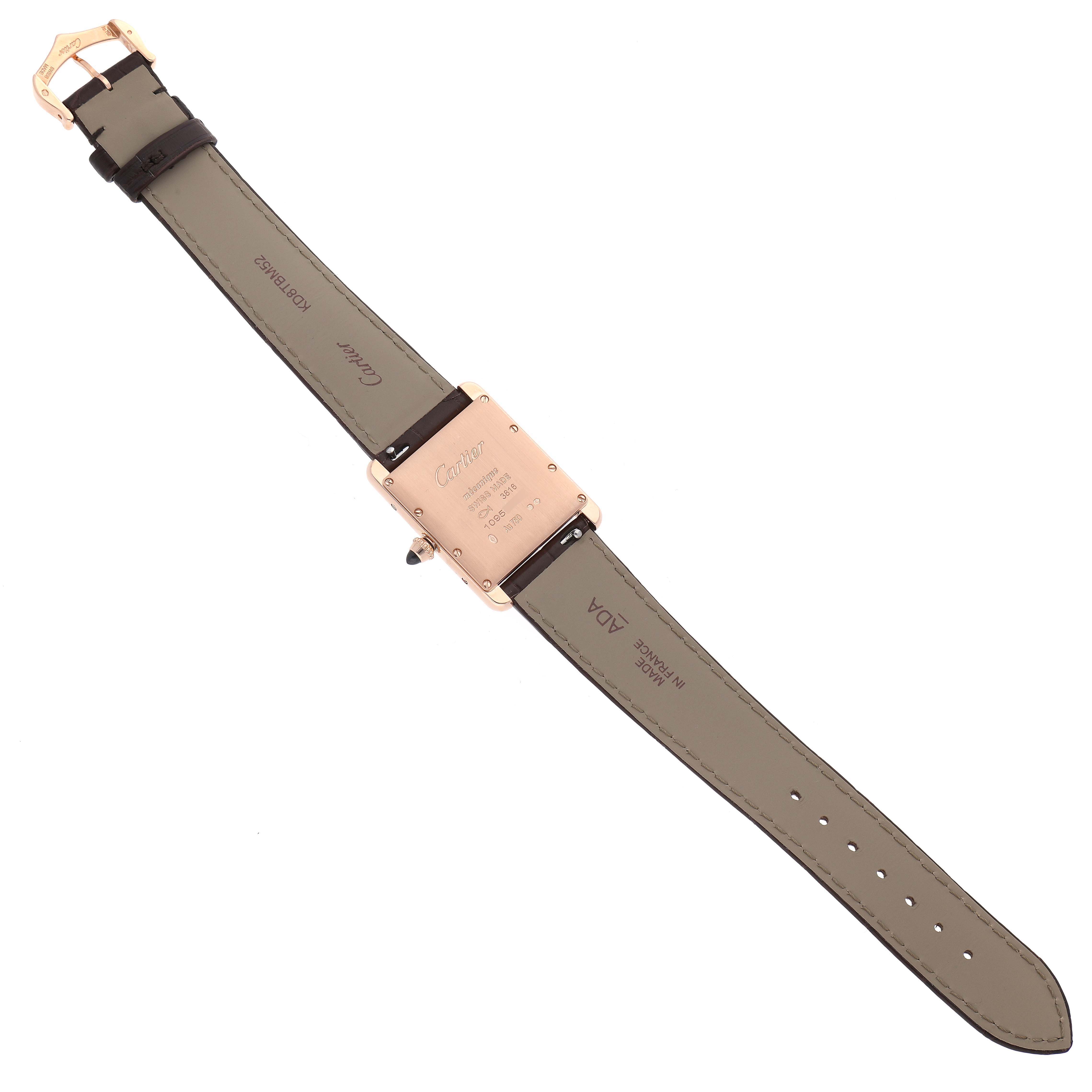 This image shows the back of the Cartier Tank Louis WGTA0011 Men
s Rose Gold Silver Dial WGTA0011 Men
s Rose Gold Silver Dial watch, displaying its strap, buckle, and back case.