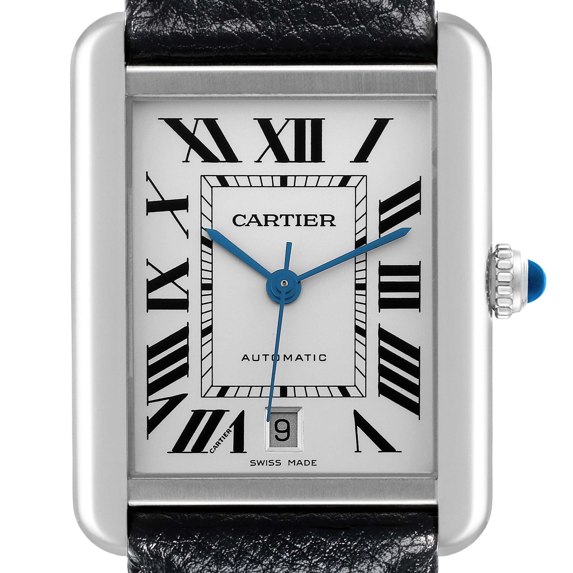 The Cartier Tank Solo W5200027 Men's Stainless Steel Silver Dial W5200027 Men's Stainless Steel Silver Dial watch is shown from the front, highlighting the face, Roman numerals, blued hands, and date window.