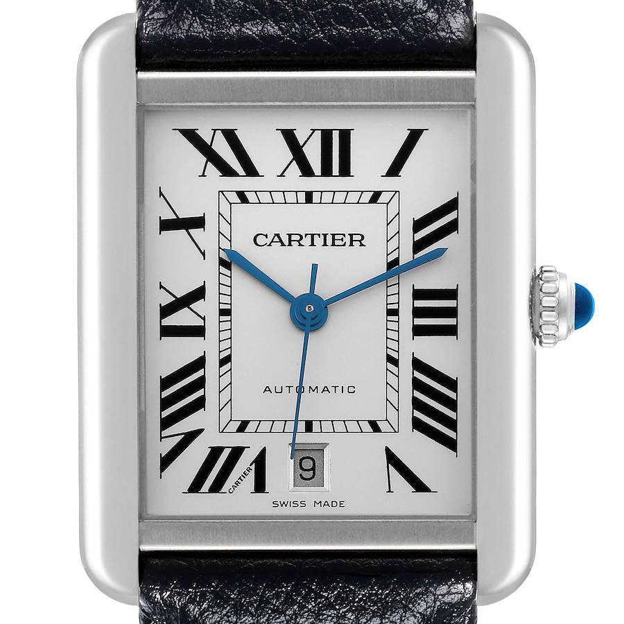 The Cartier Tank Solo watch is shown from the front, highlighting the face, Roman numerals, blued hands, and date window.