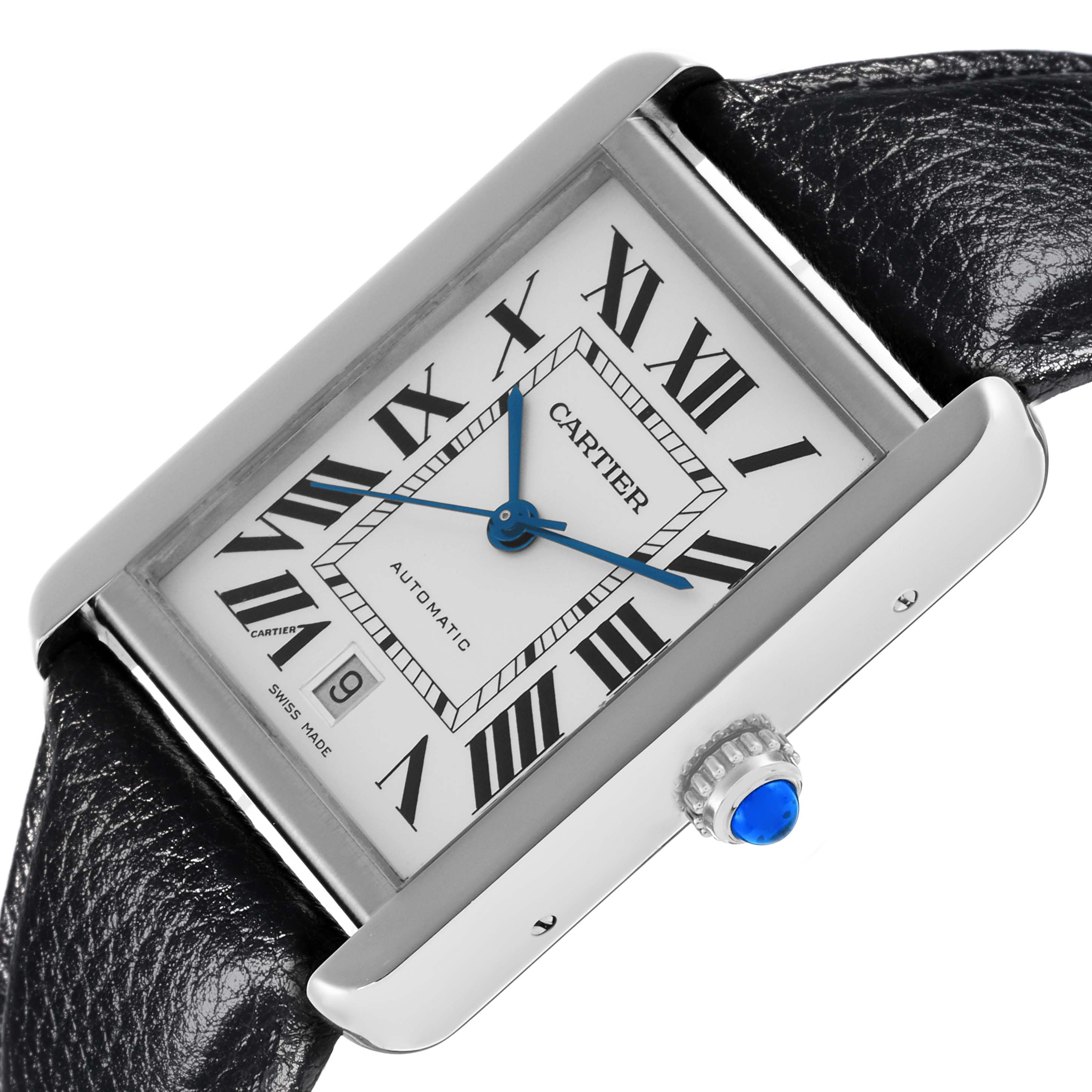 The Cartier Tank Solo W5200027 Men's Stainless Steel Silver Dial W5200027 Men's Stainless Steel Silver Dial watch is shown at a tilted angle, displaying the face, Roman numerals, blue hands, and part of the leather strap.