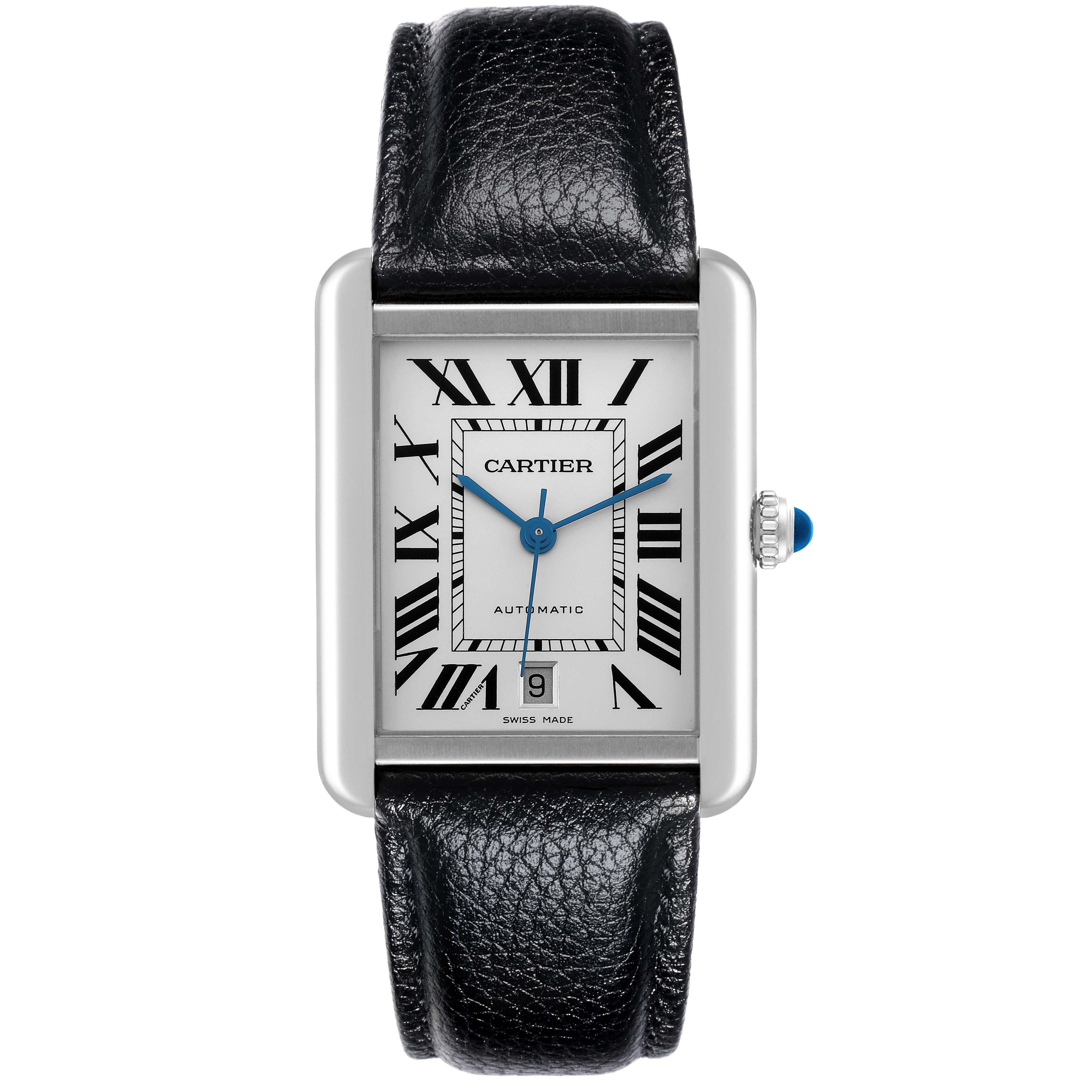 The Cartier Tank Solo W5200027 Men's Stainless Steel Silver Dial W5200027 Men's Stainless Steel Silver Dial watch is shown from the front, highlighting the dial, hands, Roman numerals, and leather strap.
