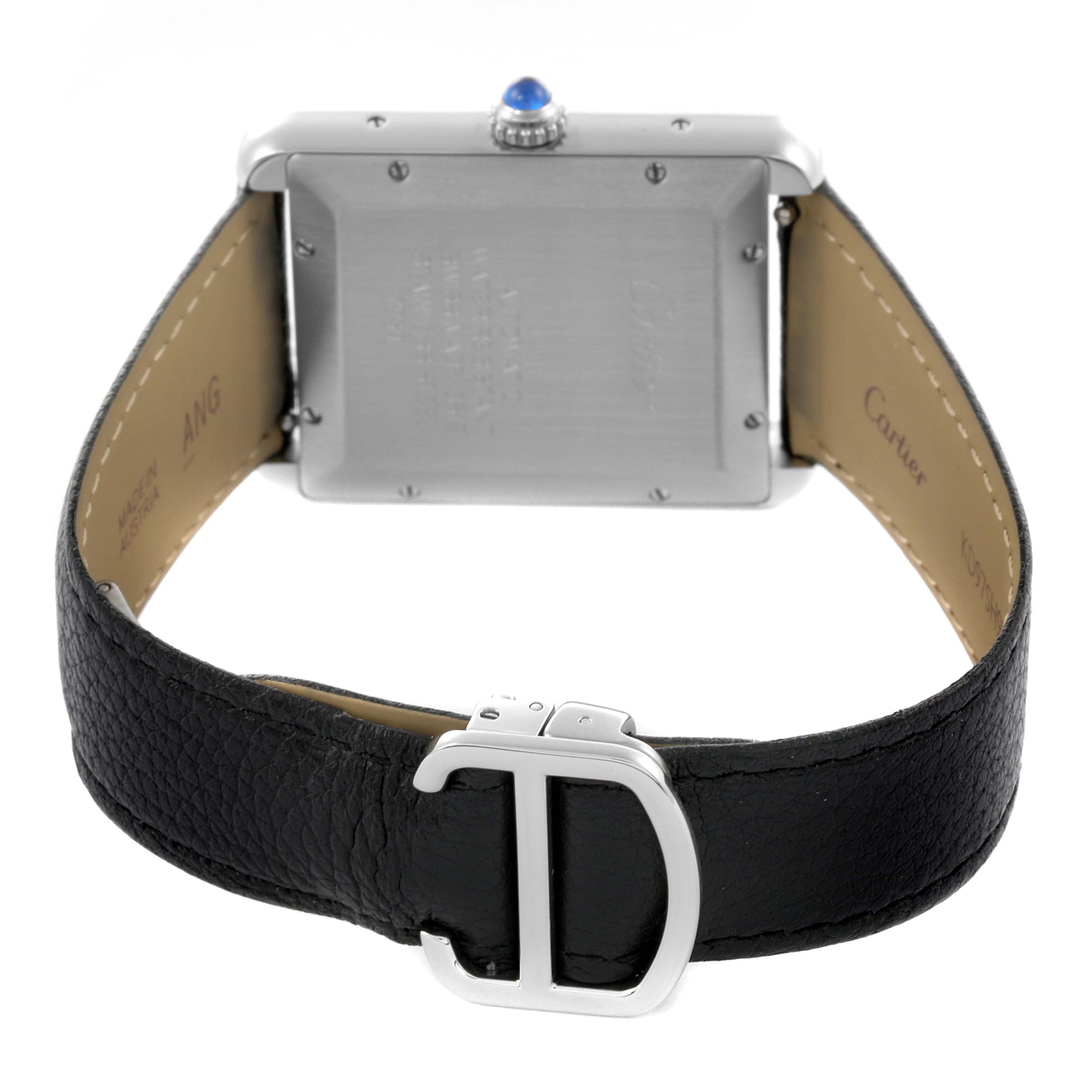 The image shows the back of the Cartier Tank Solo W5200027 Men's Stainless Steel Silver Dial W5200027 Men's Stainless Steel Silver Dial watch, highlighting the leather strap and deployment clasp.