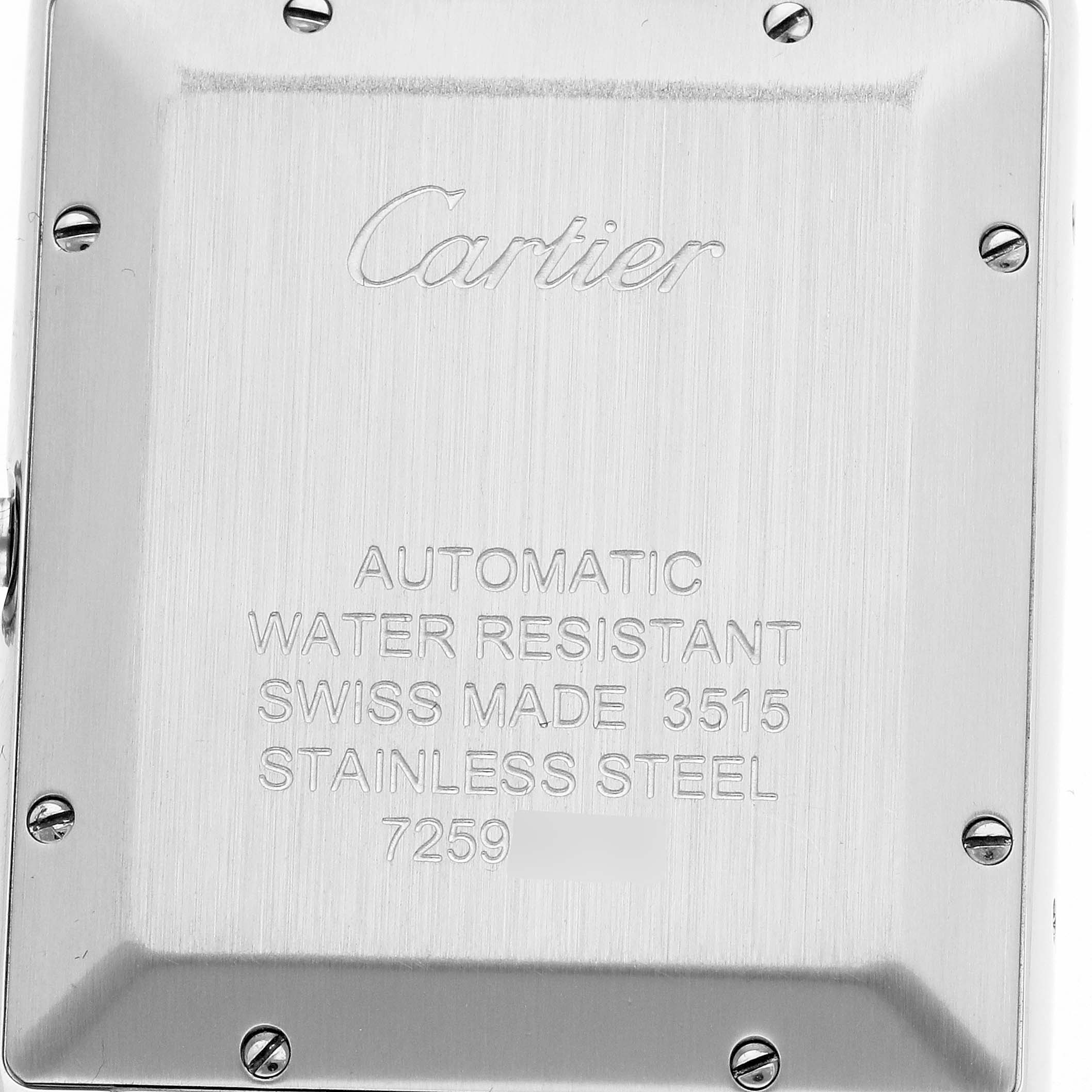 The image shows the back of a Cartier Tank Solo W5200027 Men's Stainless Steel Silver Dial W5200027 Men's Stainless Steel Silver Dial watch, displaying engraved details and screws.