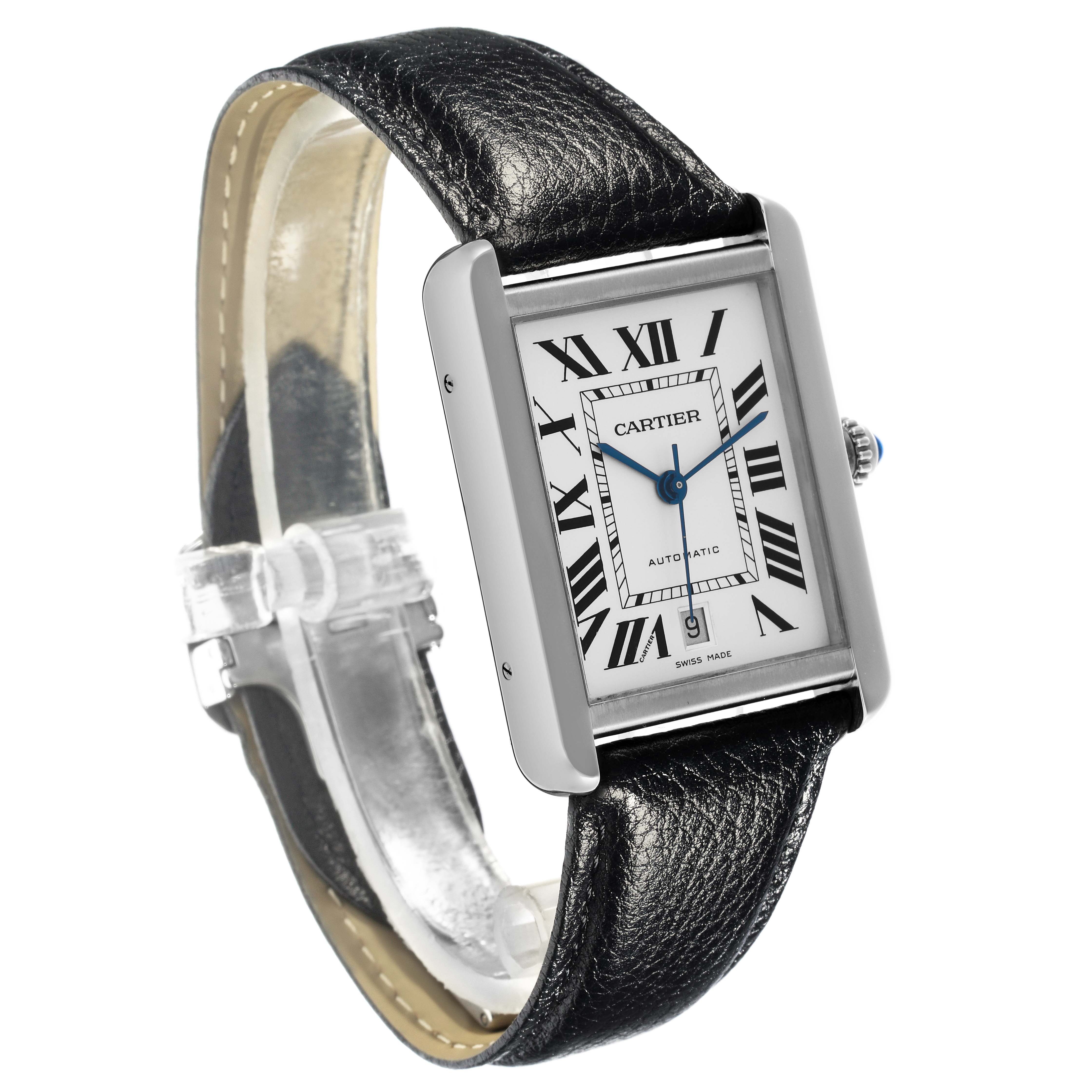 The Cartier Tank Solo W5200027 Men's Stainless Steel Silver Dial W5200027 Men's Stainless Steel Silver Dial watch is shown at an angle highlighting the face, crown, and black leather strap.