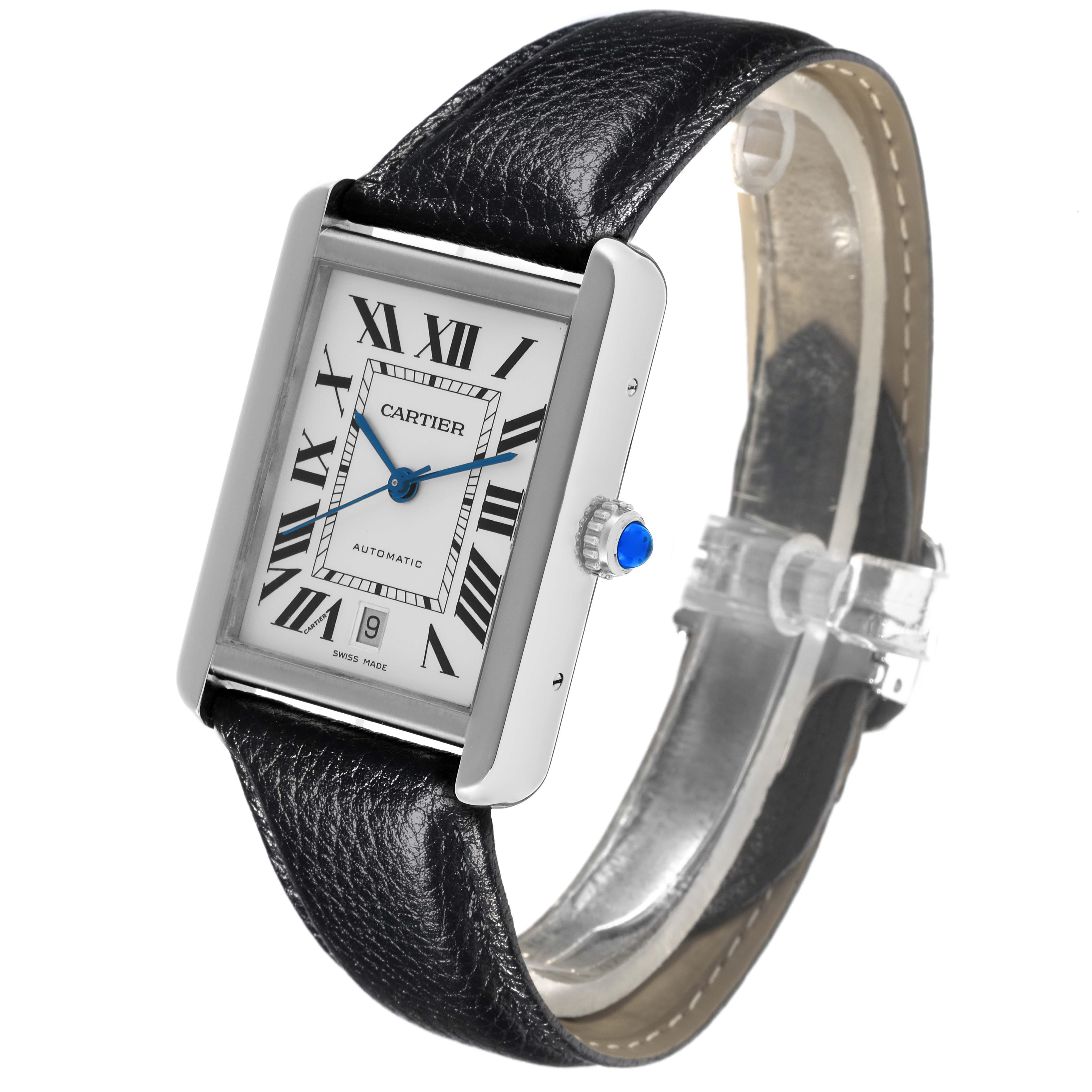 The Cartier Tank Solo W5200027 Men's Stainless Steel Silver Dial W5200027 Men's Stainless Steel Silver Dial watch is shown at an angle displaying its face, black leather strap, and blue cabochon crown.