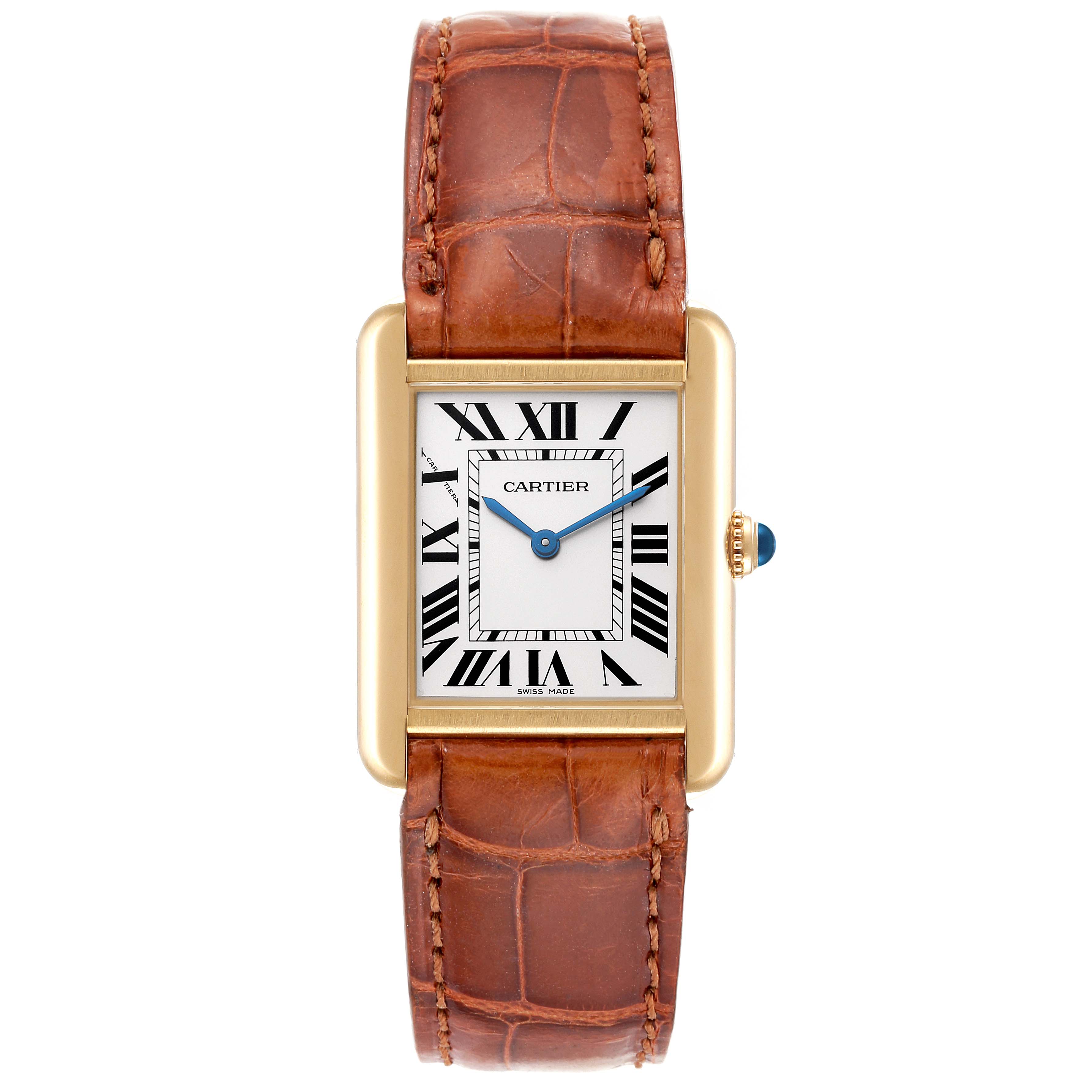 The image shows a frontal view of the Cartier Tank Solo W1018755 Women's Yellow Gold Silver Dial W1018755 Women's Yellow Gold Silver Dial watch, highlighting the dial, bezel, and brown leather strap.