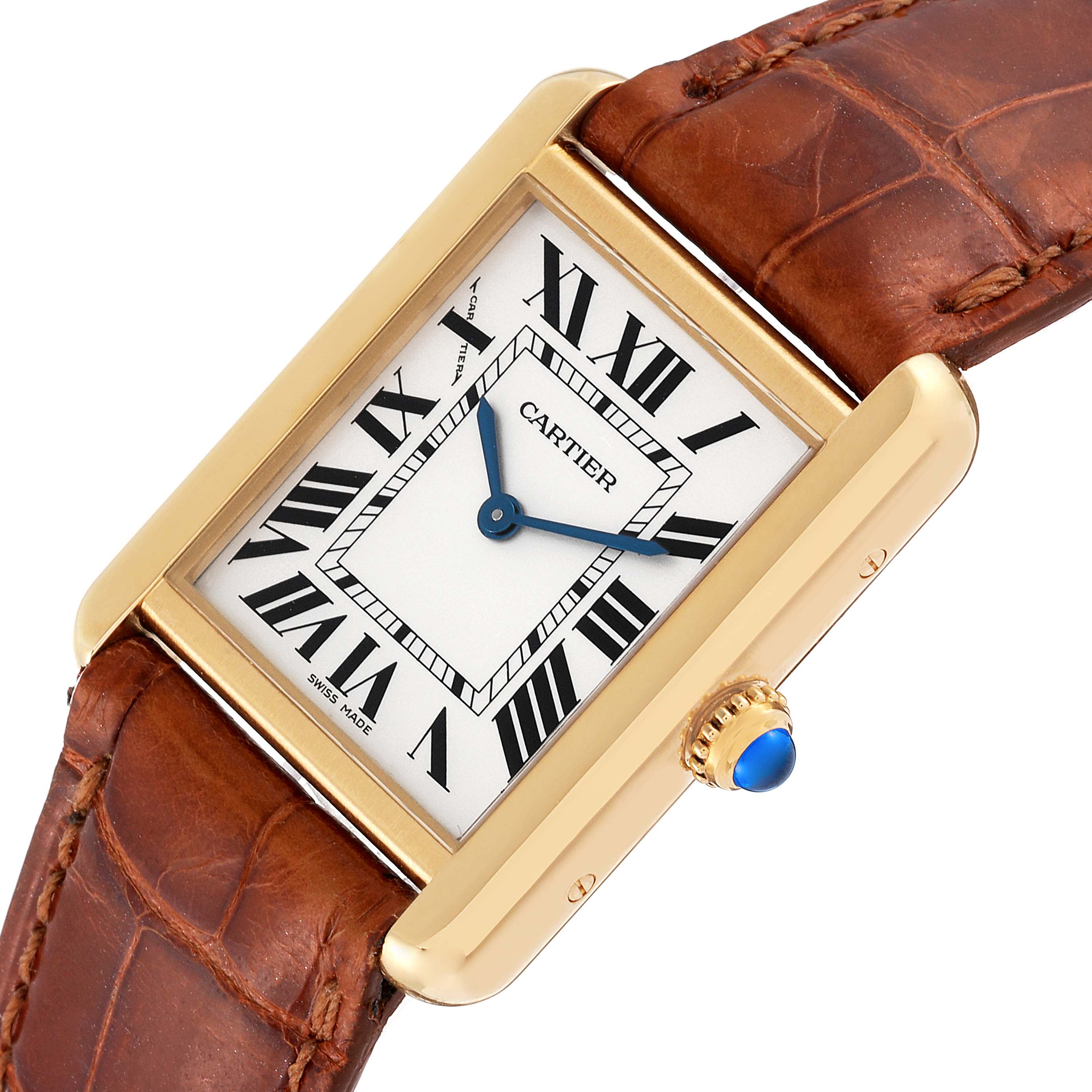 The image shows a close-up angle of the Cartier Tank Solo W1018755 Women's Yellow Gold Silver Dial W1018755 Women's Yellow Gold Silver Dial watch, displaying its face, hands, crown, and part of the leather strap.