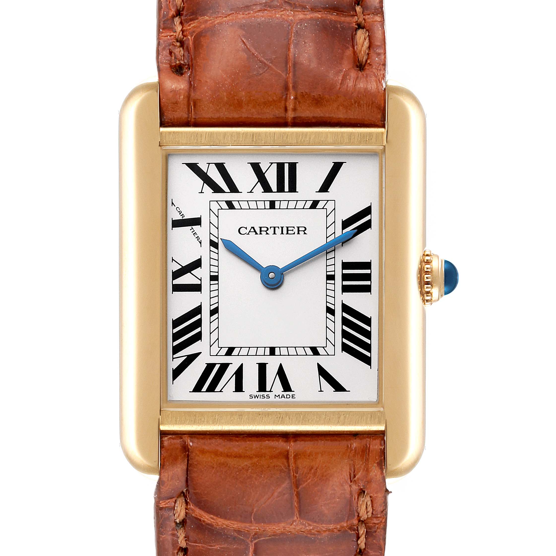 The image shows a front view of a Cartier Tank Solo W1018755 Women's Yellow Gold Silver Dial W1018755 Women's Yellow Gold Silver Dial watch with a gold case, Roman numeral dial, and brown leather strap.