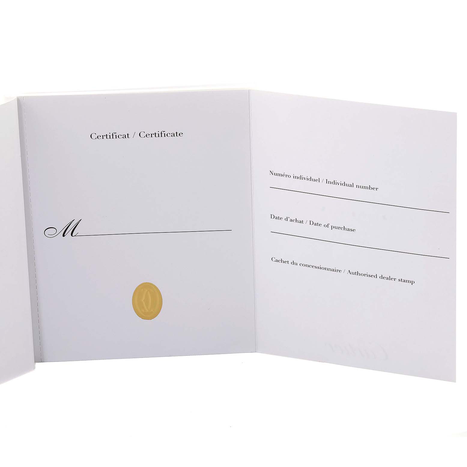 The image shows an open Cartier Tank Solo W1018755 Women's Yellow Gold Silver Dial W1018755 Women's Yellow Gold Silver Dial certificate booklet, highlighting fields for individual number, date of purchase, and dealer stamp.