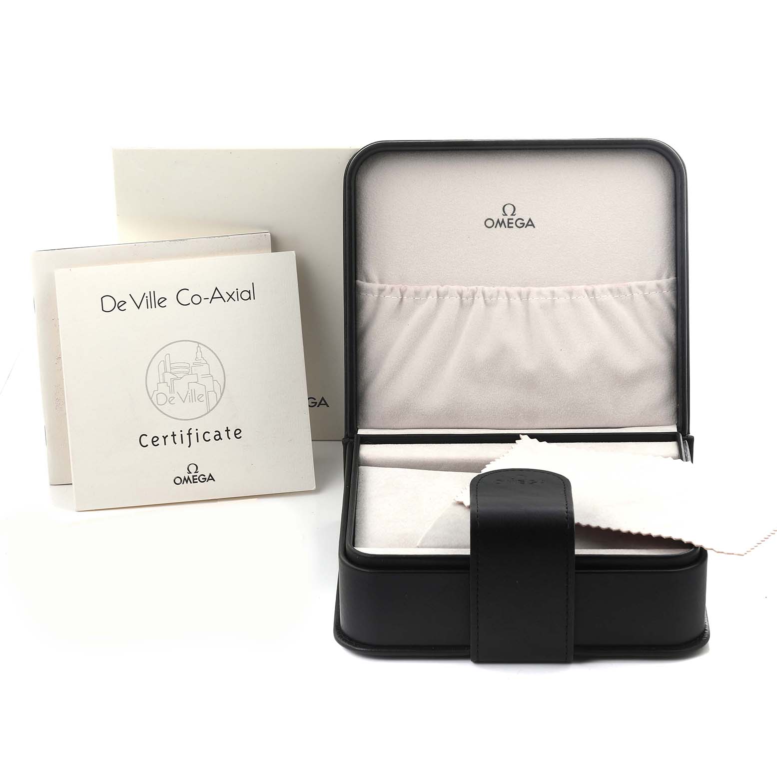 The image shows an open Omega De Ville 5931.81.23 Men
s Rose Gold Blue Dial 5931.81.23 Men
s Rose Gold Blue Dial watch box with a certificate and packaging, viewed from the front.