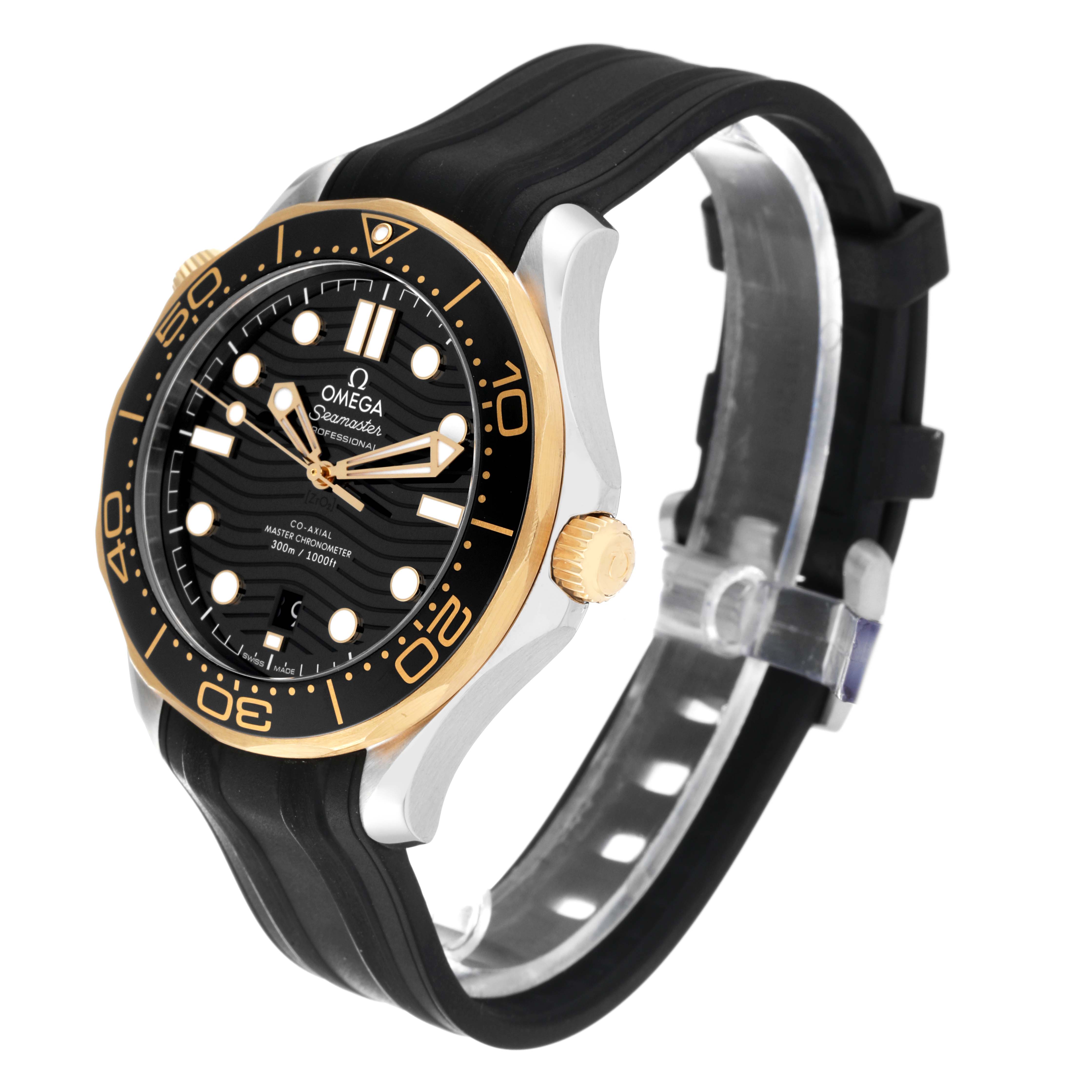 The image shows a side angle of an Omega Seamaster 210.22.42.20.01.001 Men's Steel and Gold (two tone) Black Dial 210.22.42.20.01.001 Men's Steel and Gold (two tone) Black Dial watch displaying its bezel, dial, crown, and black strap.