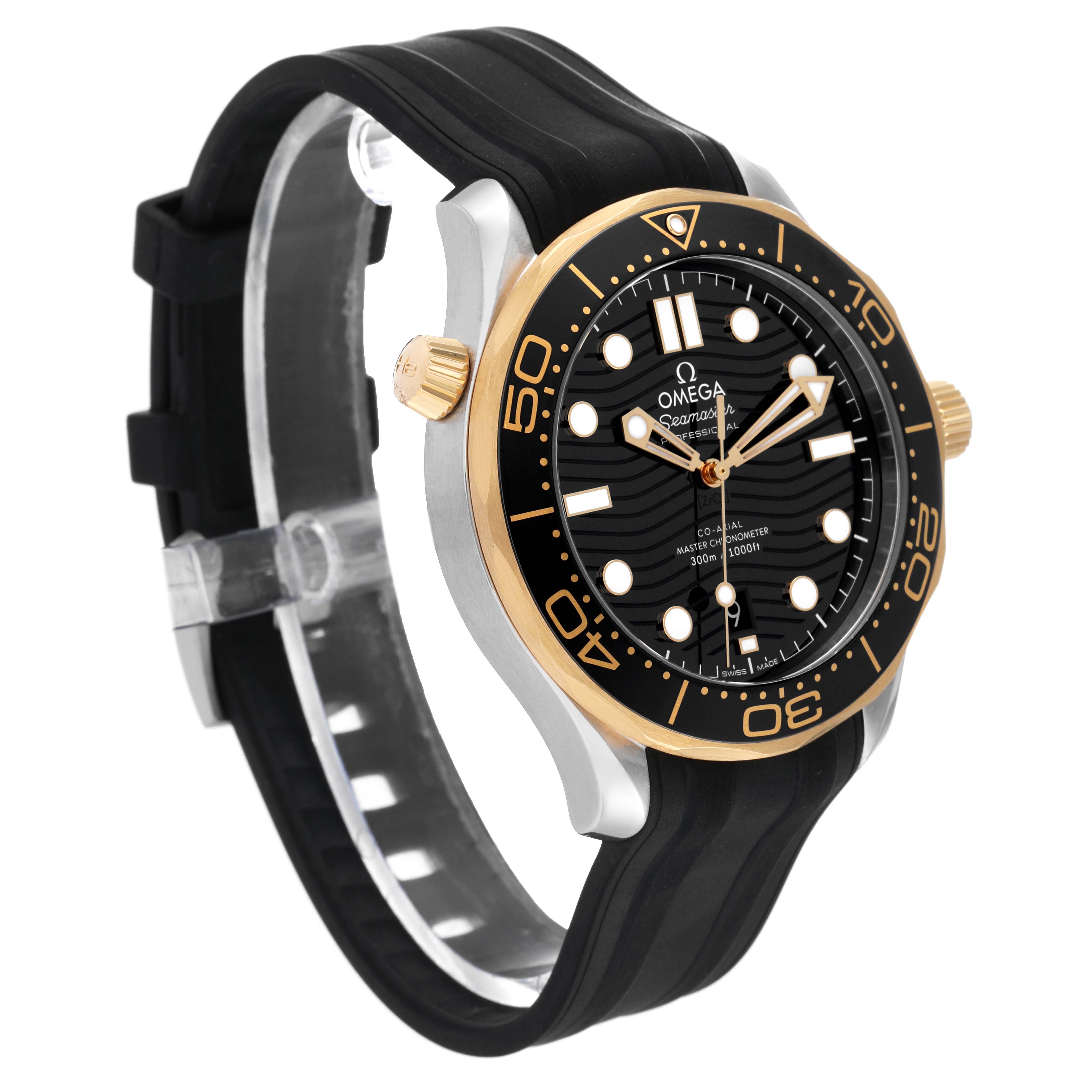 The Omega Seamaster 210.22.42.20.01.001 Men's Steel and Gold (two tone) Black Dial 210.22.42.20.01.001 Men's Steel and Gold (two tone) Black Dial watch is shown at a three-quarter angle, featuring its black dial, bezel, and black rubber strap.
